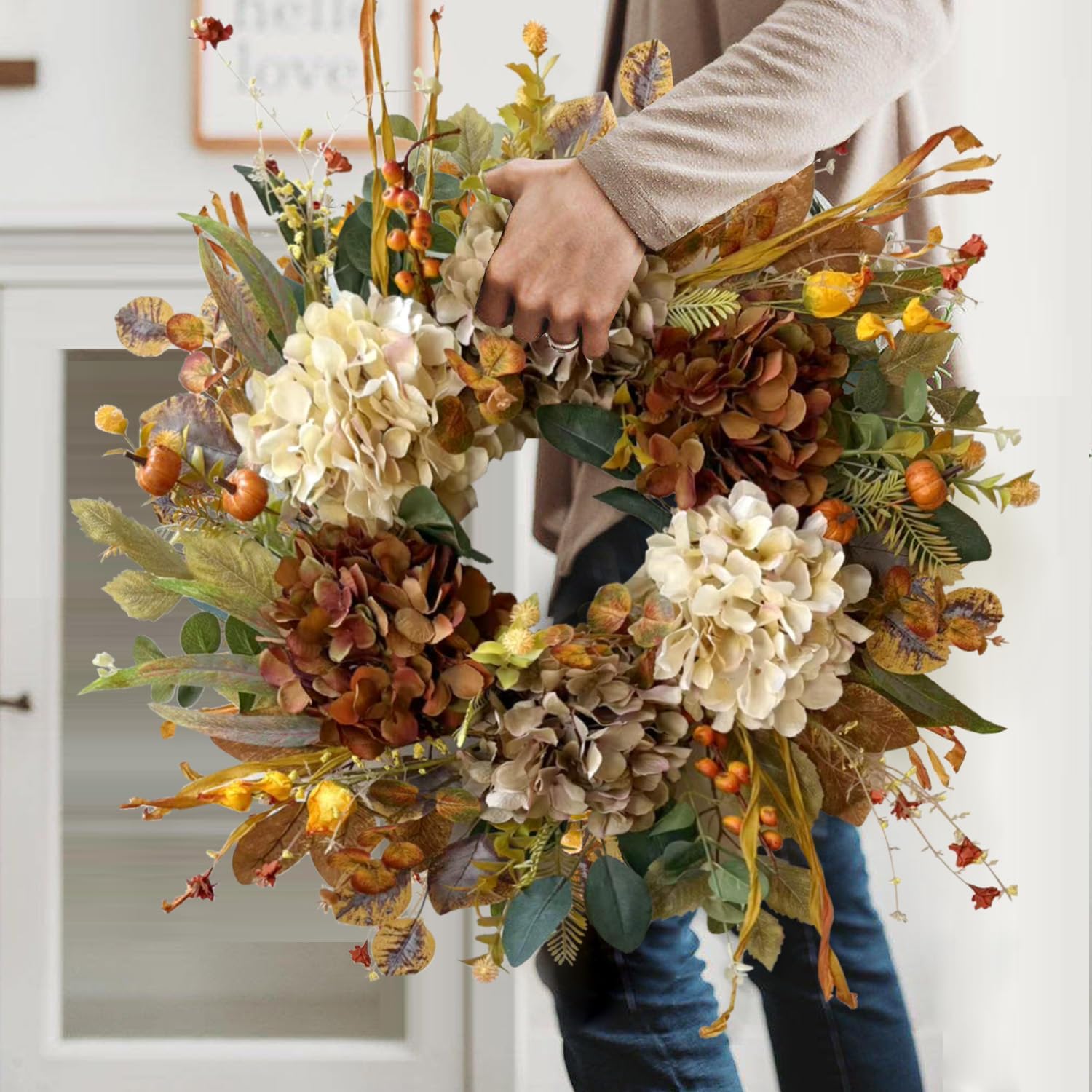 24" Rustic Fall Wreath Review: Hydrangea & Pumpkins for Autumn Front Door Decor - Image 4