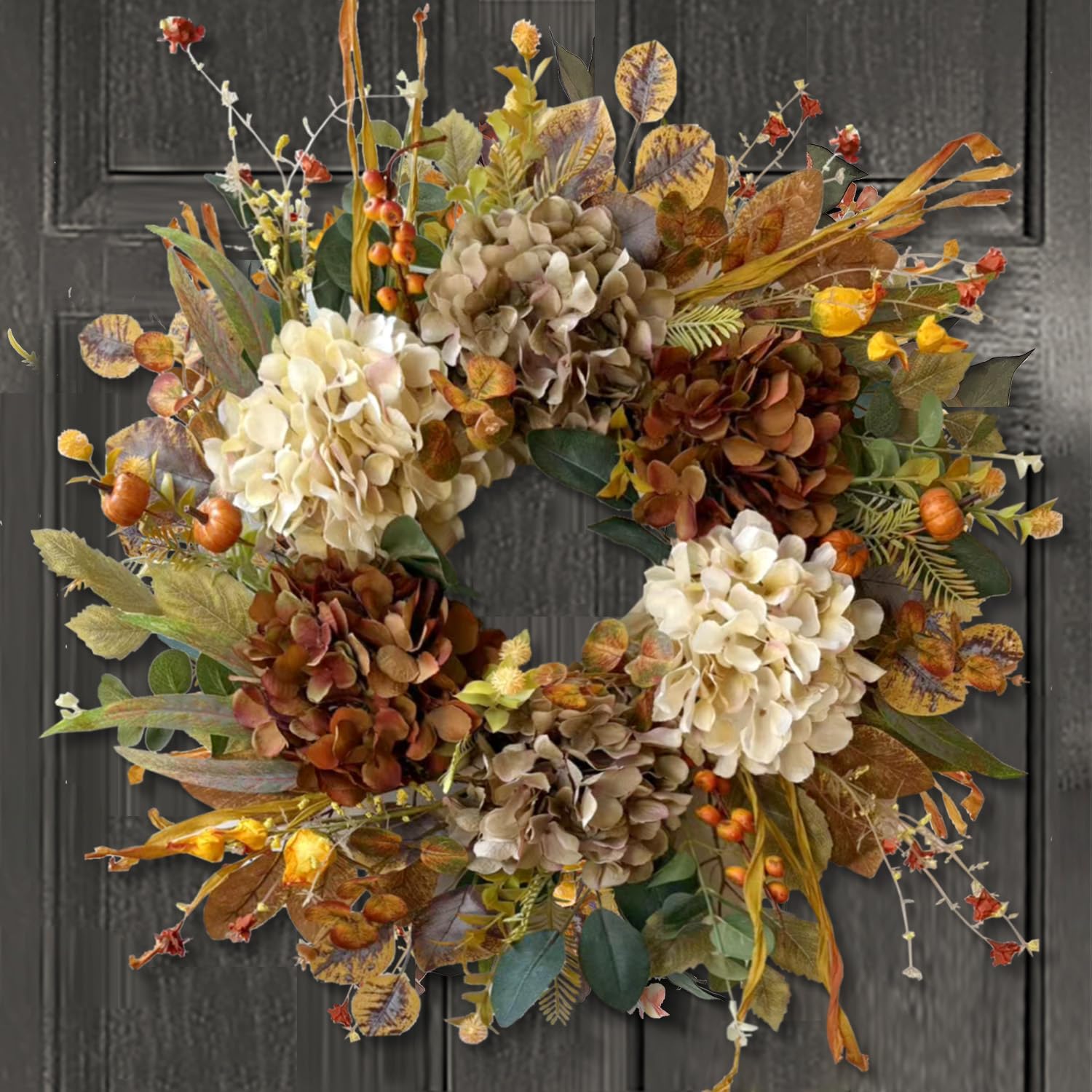 24" Rustic Fall Wreath Review: Hydrangea & Pumpkins for Autumn Front Door Decor - Image 6