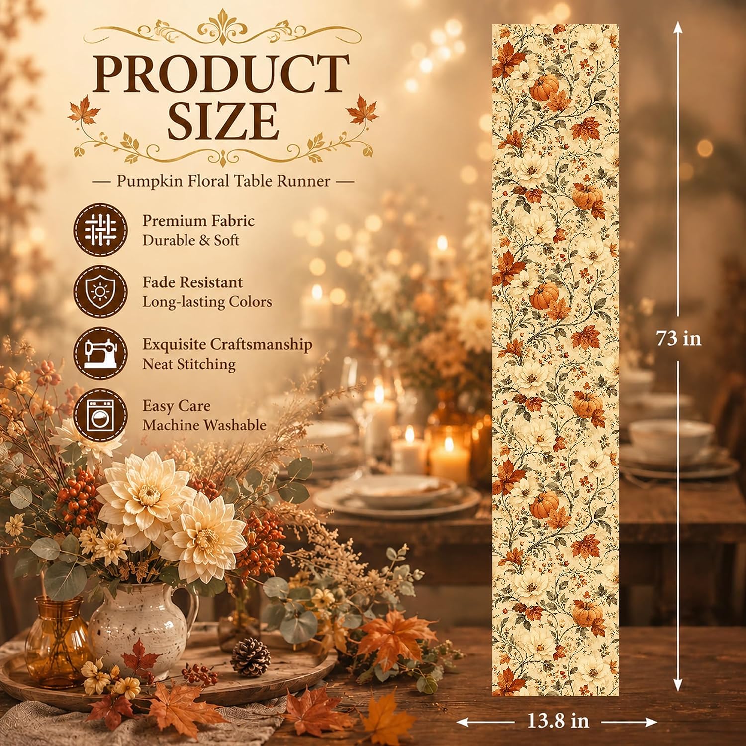 Vintage Autumn Pumpkin Floral Table Runner - Fall & Thanksgiving Decor. - Image 3