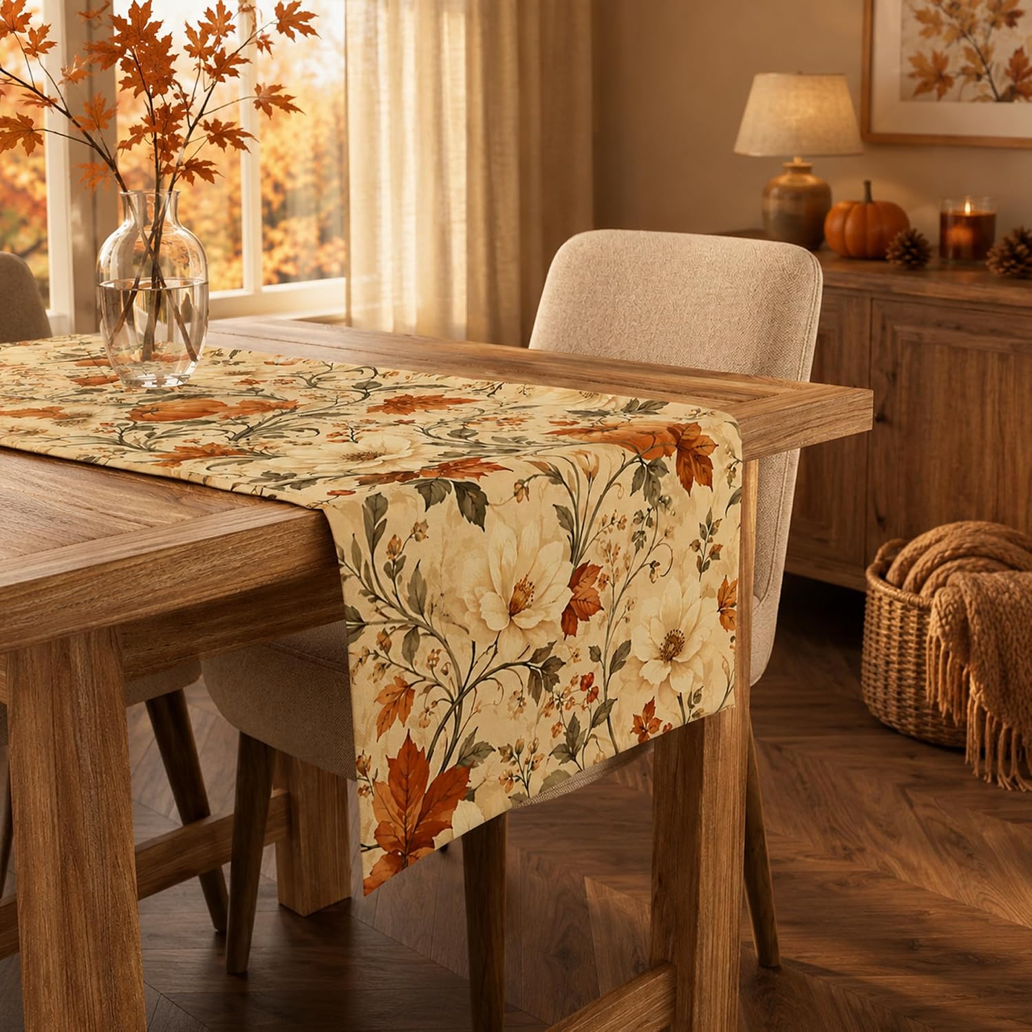 Vintage Autumn Pumpkin Floral Table Runner - Fall & Thanksgiving Decor. - Image 4