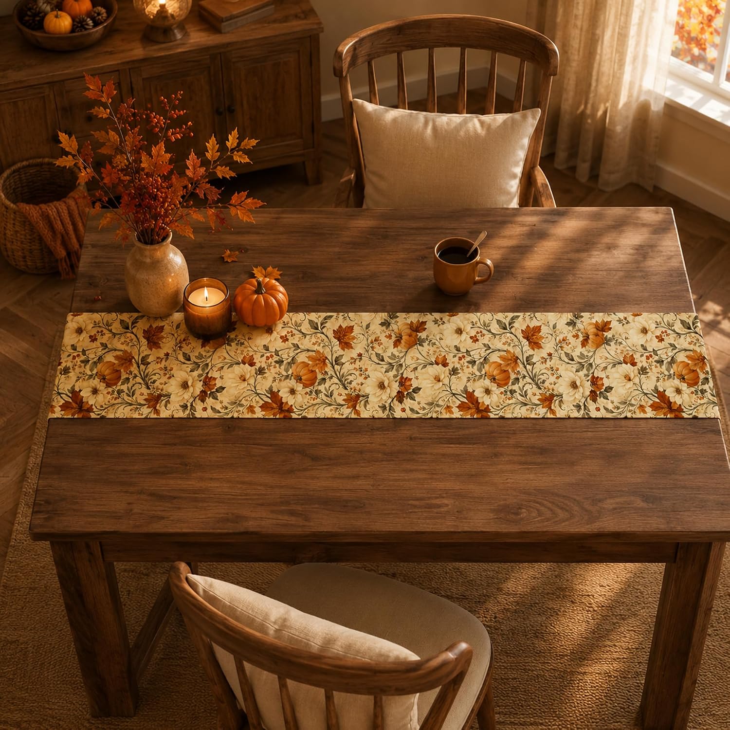 Vintage Autumn Pumpkin Floral Table Runner - Fall & Thanksgiving Decor. - Image 6