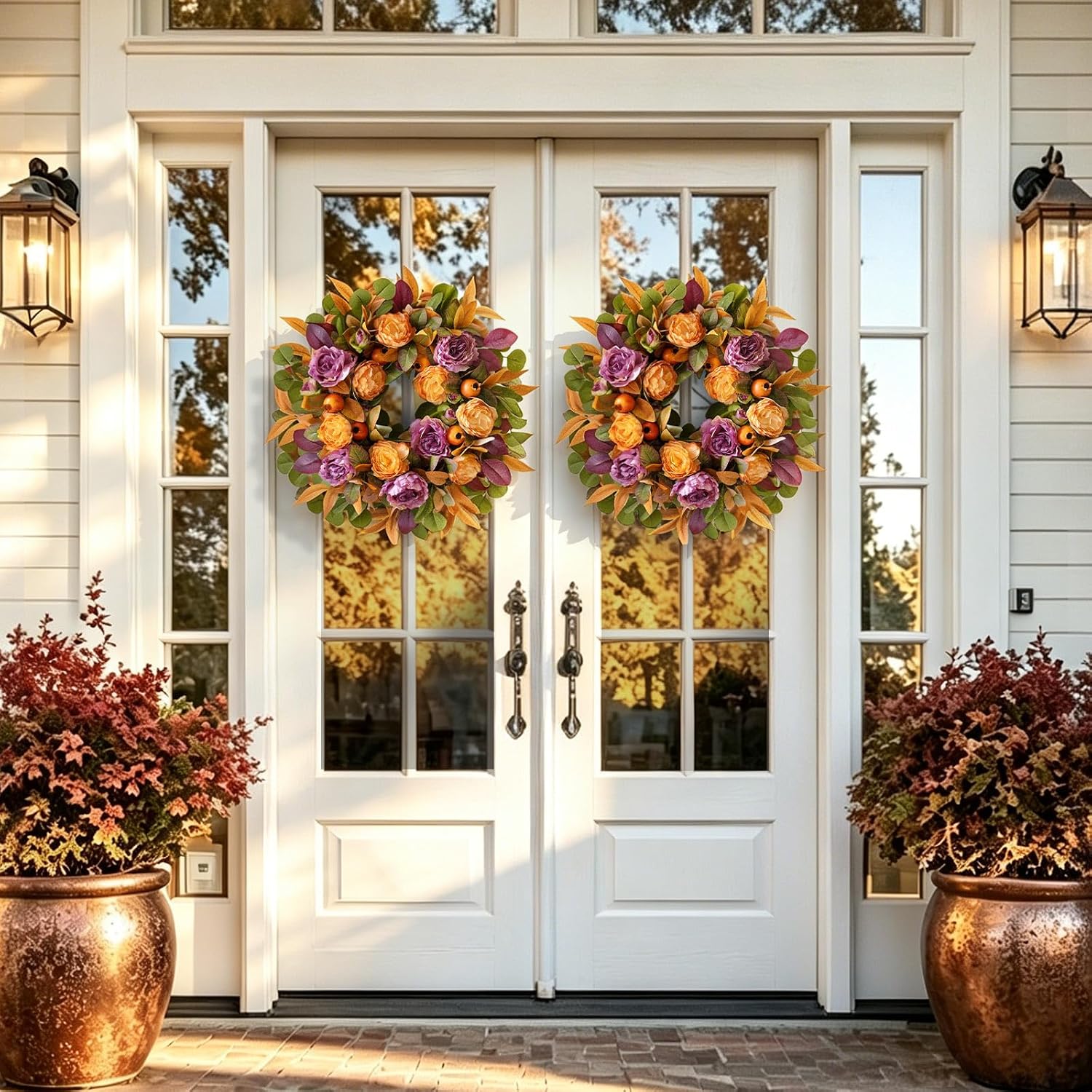 24" Rustic Fall Wreath: Artificial Orange Peony Eucalyptus Door Decor - Image 2