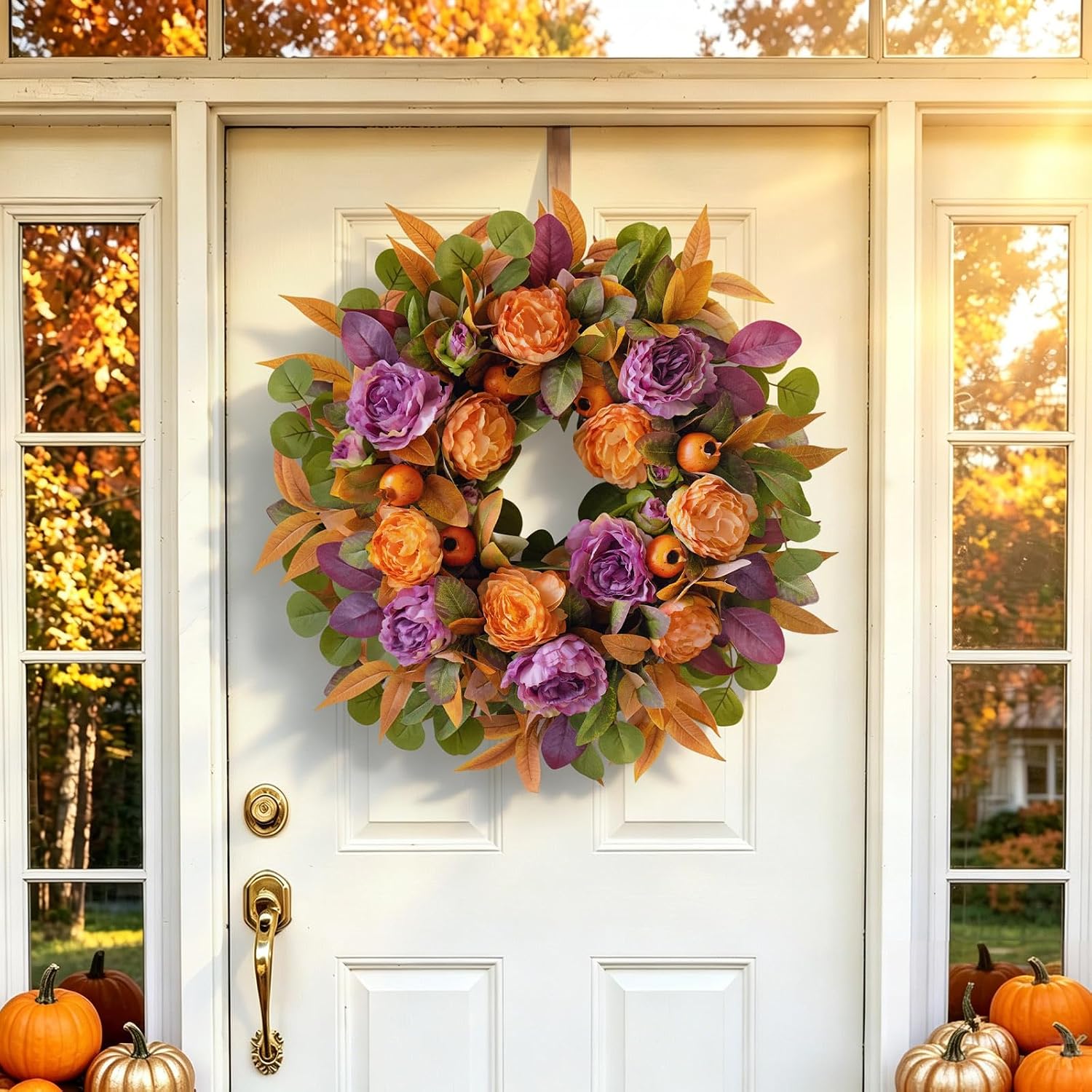 24" Rustic Fall Wreath: Artificial Orange Peony Eucalyptus Door Decor - Image 3