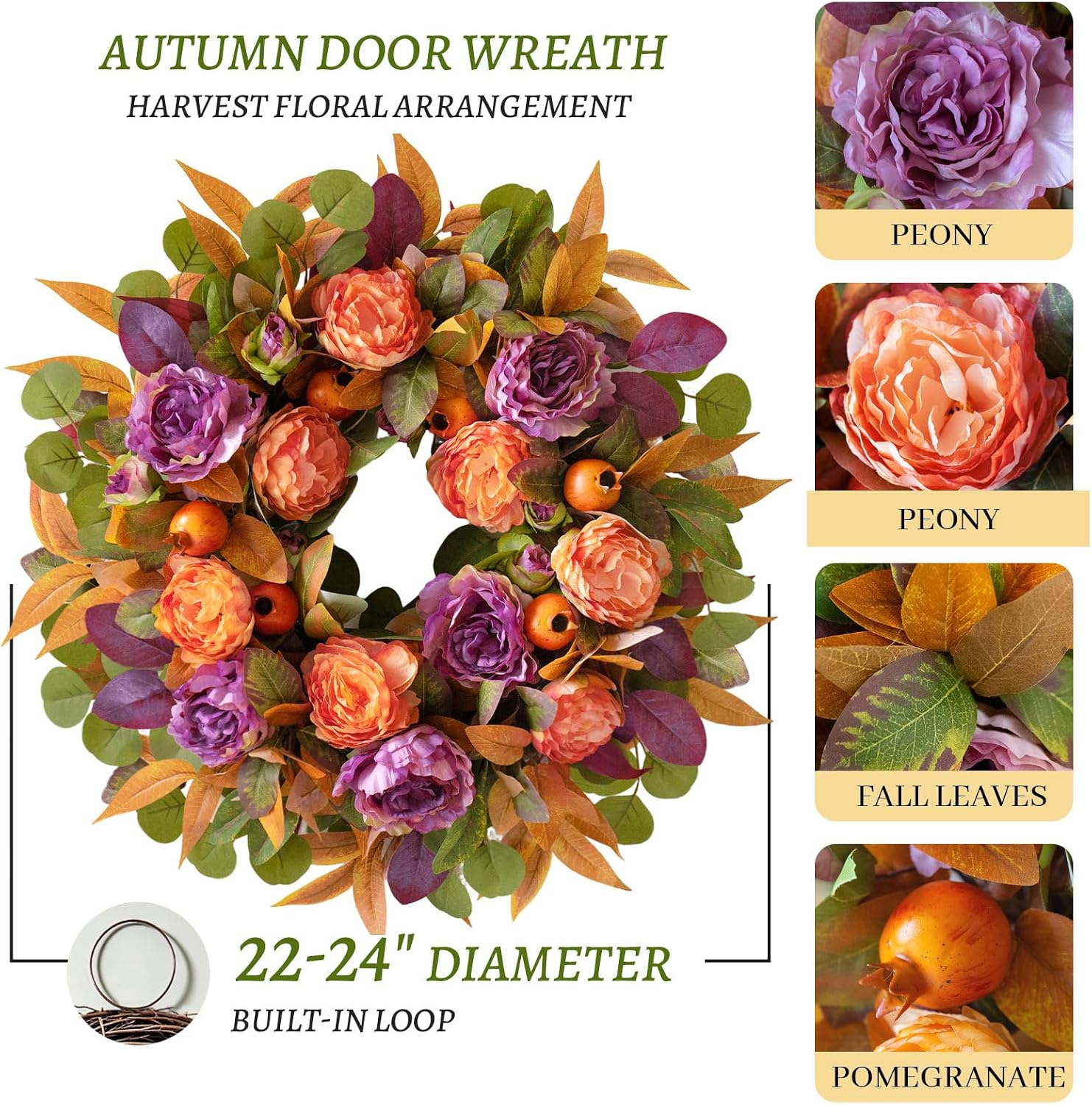24" Rustic Fall Wreath: Artificial Orange Peony Eucalyptus Door Decor - Image 4