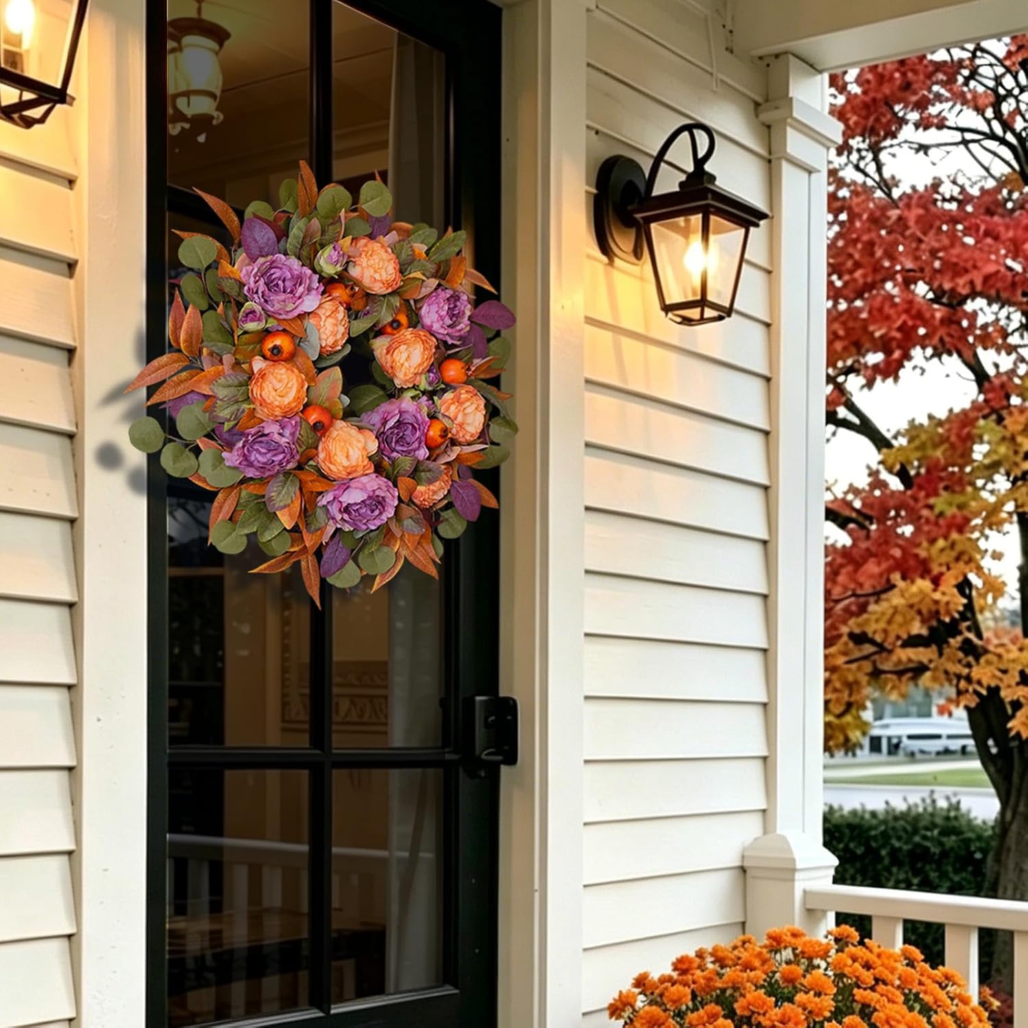 24" Rustic Fall Wreath: Artificial Orange Peony Eucalyptus Door Decor - Image 5