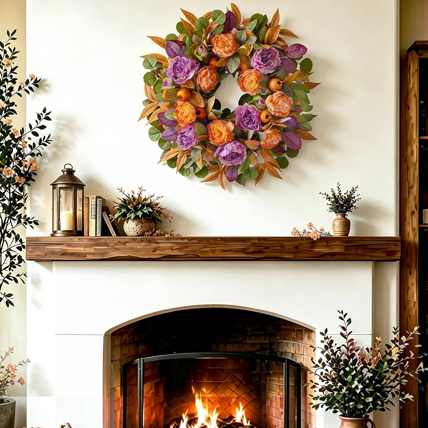 24" Rustic Fall Wreath: Artificial Orange Peony Eucalyptus Door Decor - Image 6