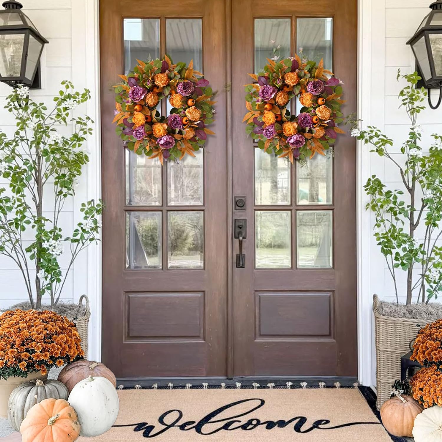 24" Rustic Fall Wreath: Artificial Orange Peony Eucalyptus Door Decor - Image 7