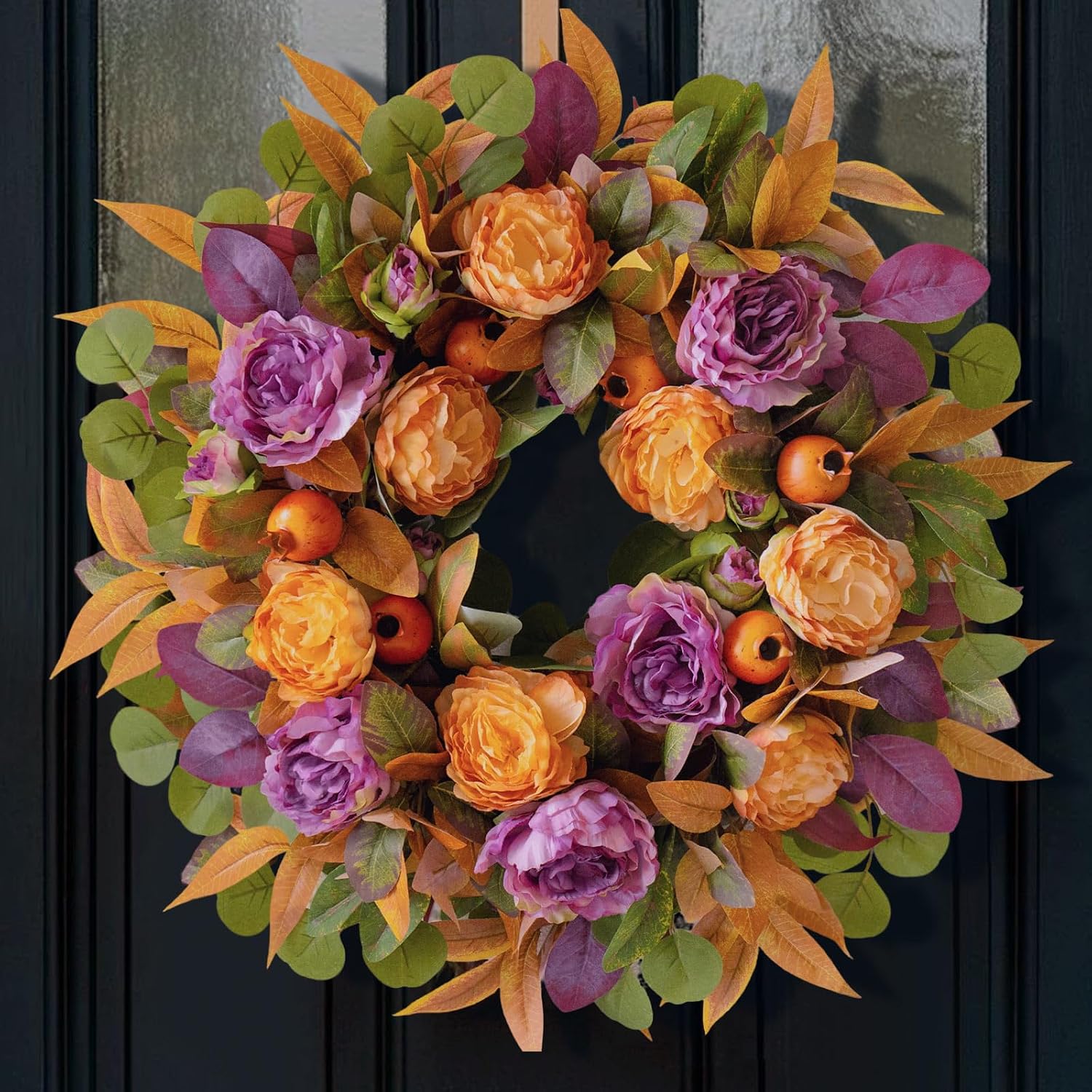 24" Rustic Fall Wreath: Artificial Orange Peony Eucalyptus Door Decor - Image 8