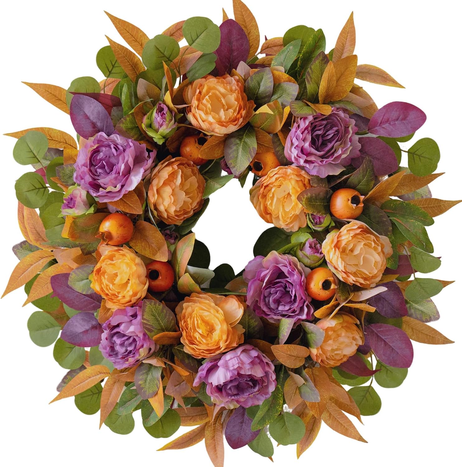24" Rustic Fall Wreath: Artificial Orange Peony Eucalyptus Door Decor - Image 9