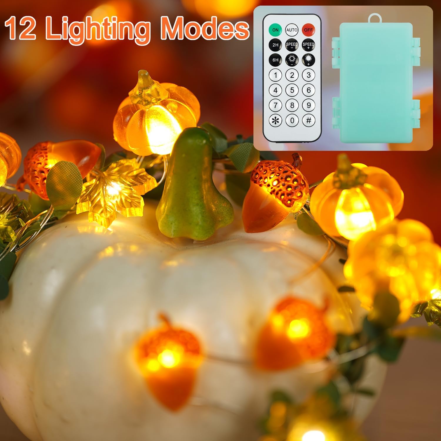 10ft Orange Fall/Thanksgiving Acorn Pumpkin Leaf LED String Lights, Battery/Remote - Image 2