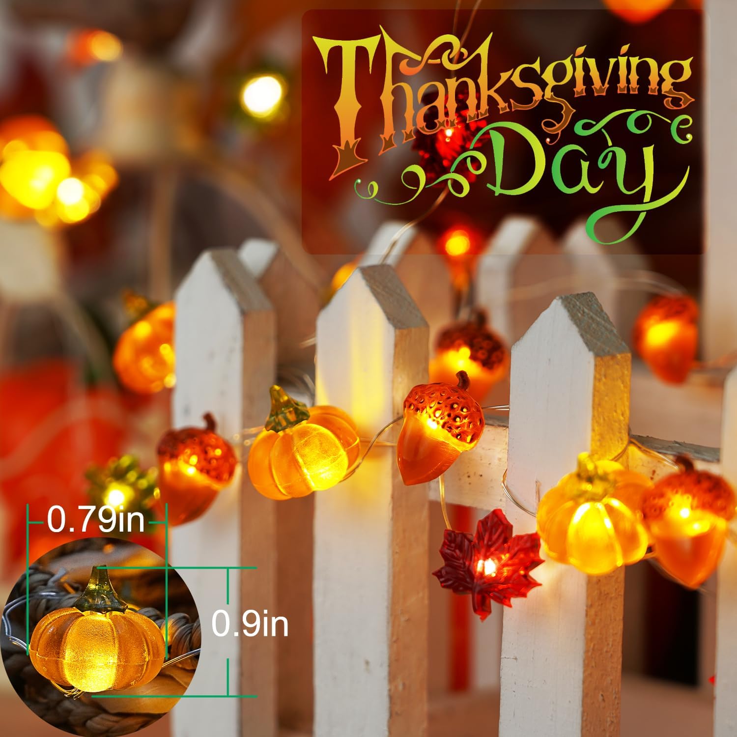10ft Orange Fall/Thanksgiving Acorn Pumpkin Leaf LED String Lights, Battery/Remote - Image 4