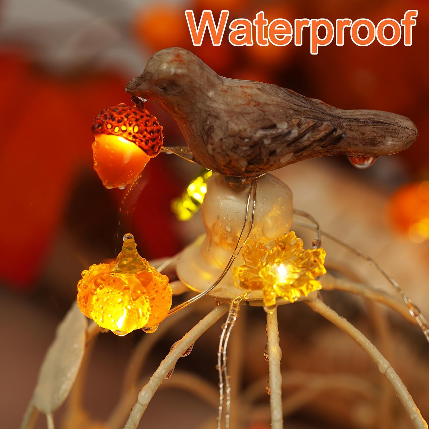 10ft Orange Fall/Thanksgiving Acorn Pumpkin Leaf LED String Lights, Battery/Remote - Image 5