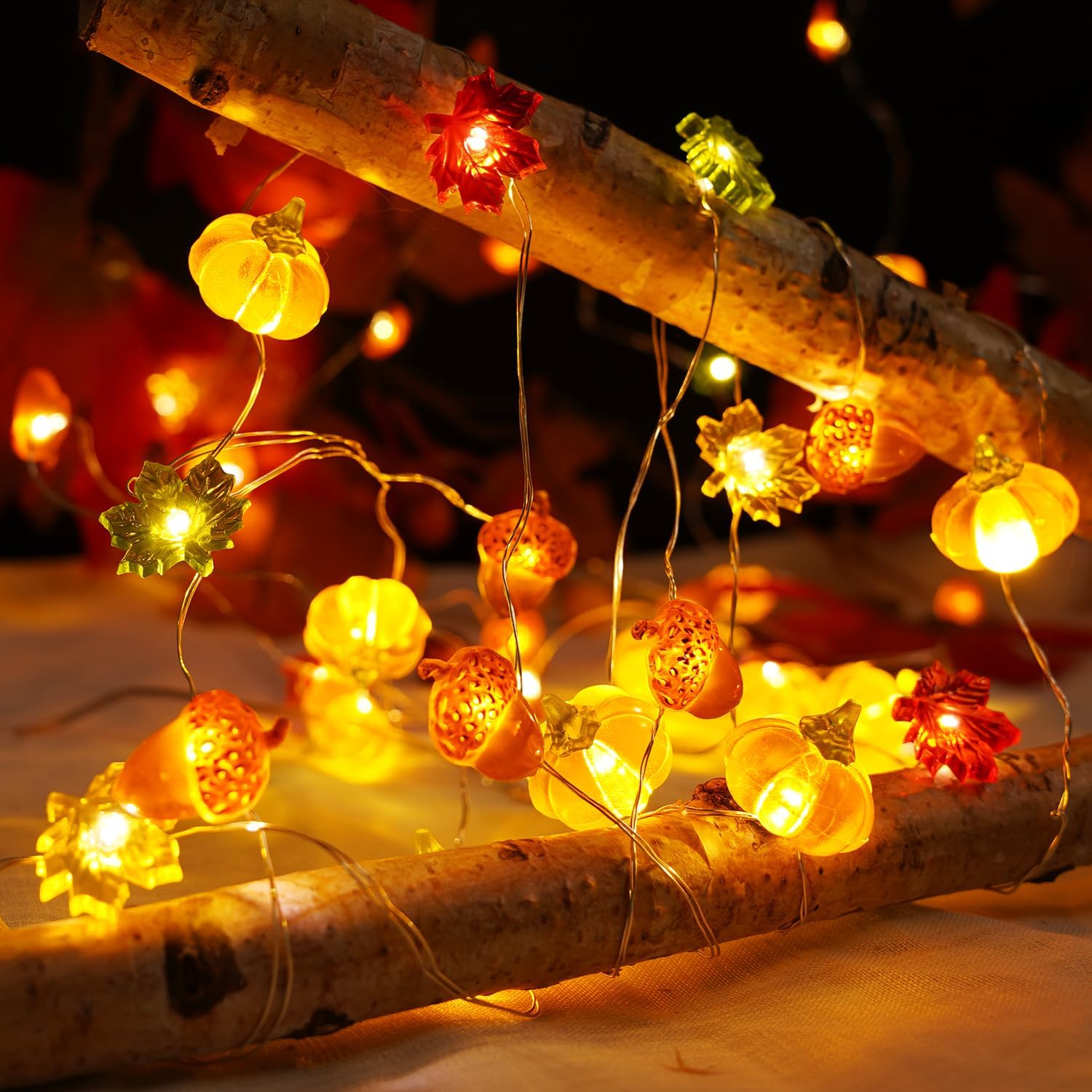 10ft Orange Fall/Thanksgiving Acorn Pumpkin Leaf LED String Lights, Battery/Remote - Image 6