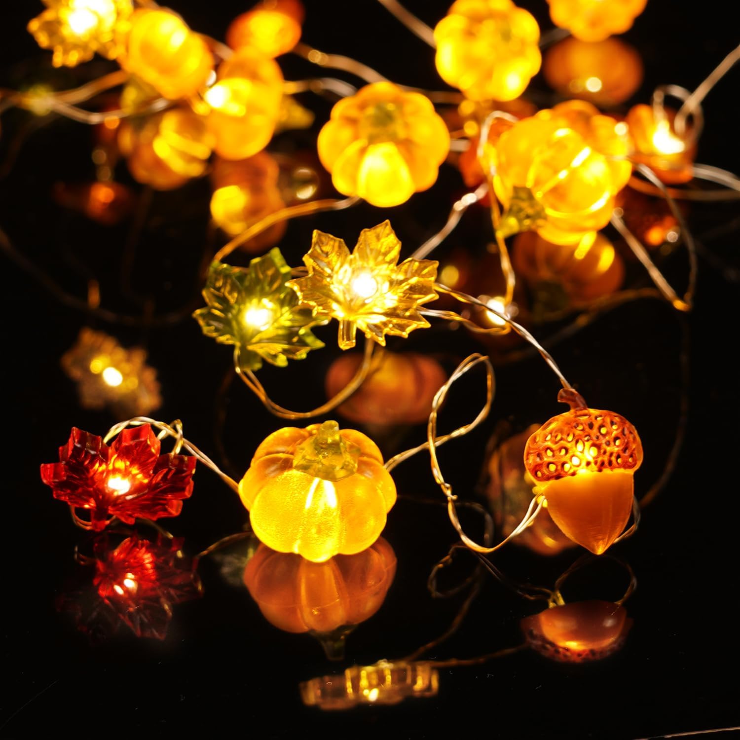 10ft Orange Fall/Thanksgiving Acorn Pumpkin Leaf LED String Lights, Battery/Remote - Image 7