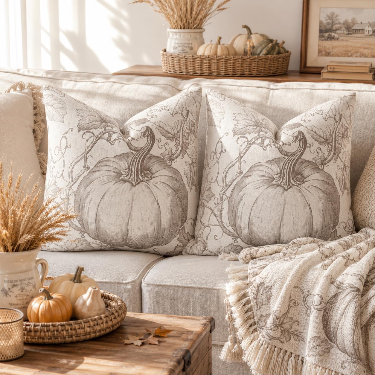 Review: 2 Beige Toile Fall Pumpkin Pillow Covers (18x18) - Image 2