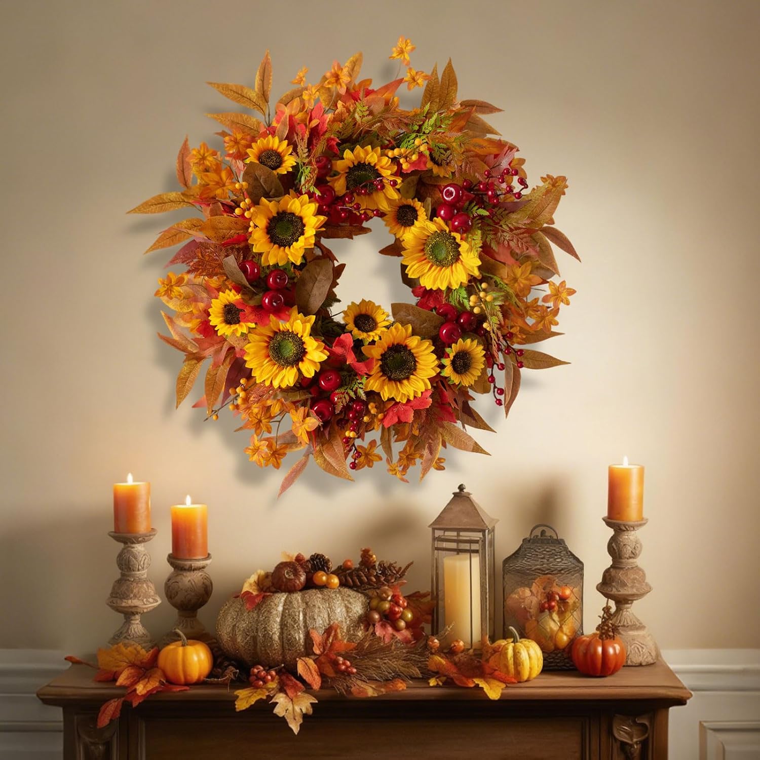 Front Door Fall Wreath Review: Weatherproof Artificial Sunflower Berry Decor - Image 4