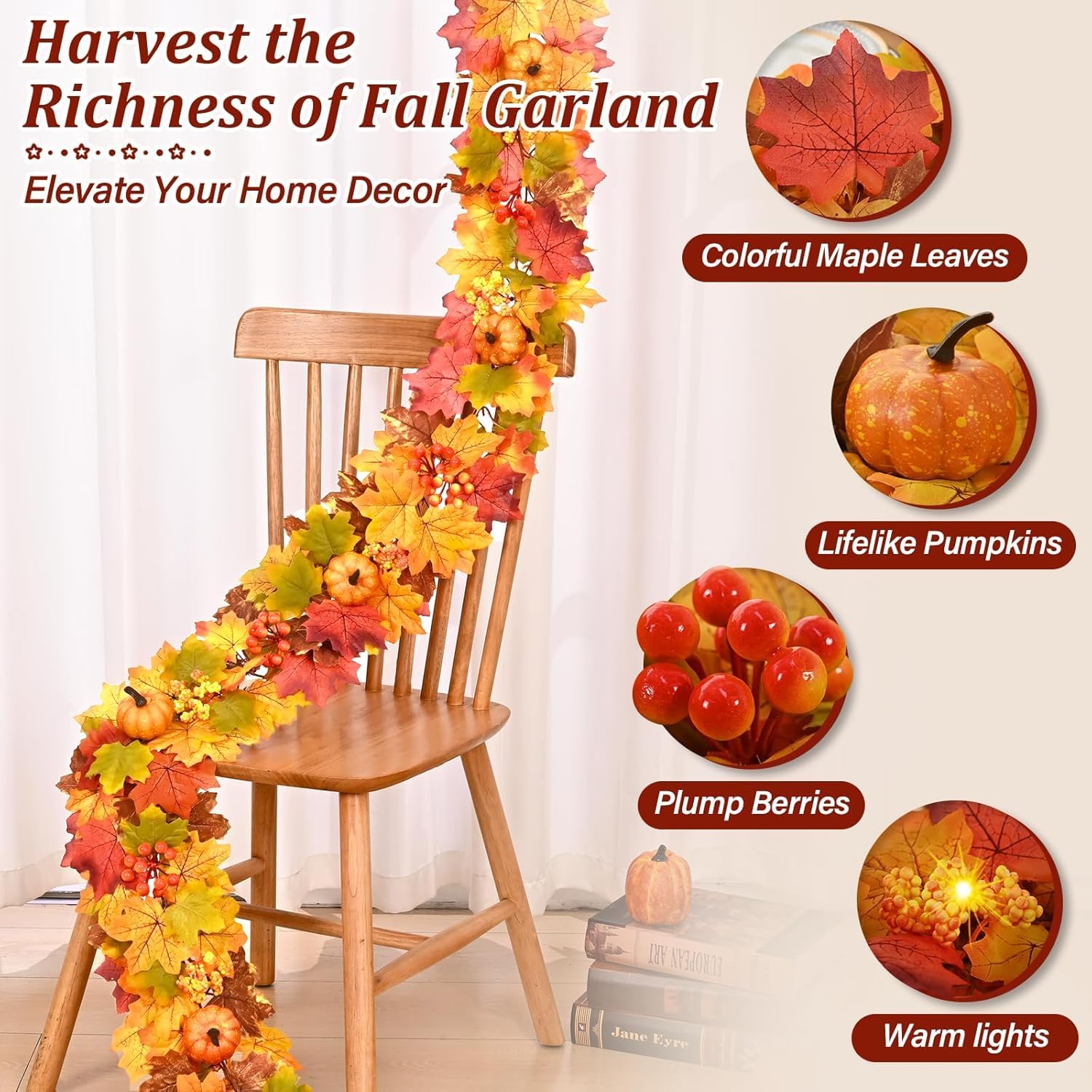 6ft Lighted Fall Garland: Lifelike Pumpkins & Berries for Fall Home Decor. - Image 3