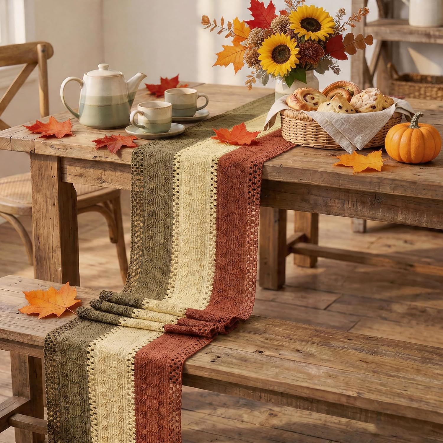Rustic Fall Table Runner: Caramel Brown Farmhouse Decor - Image 3
