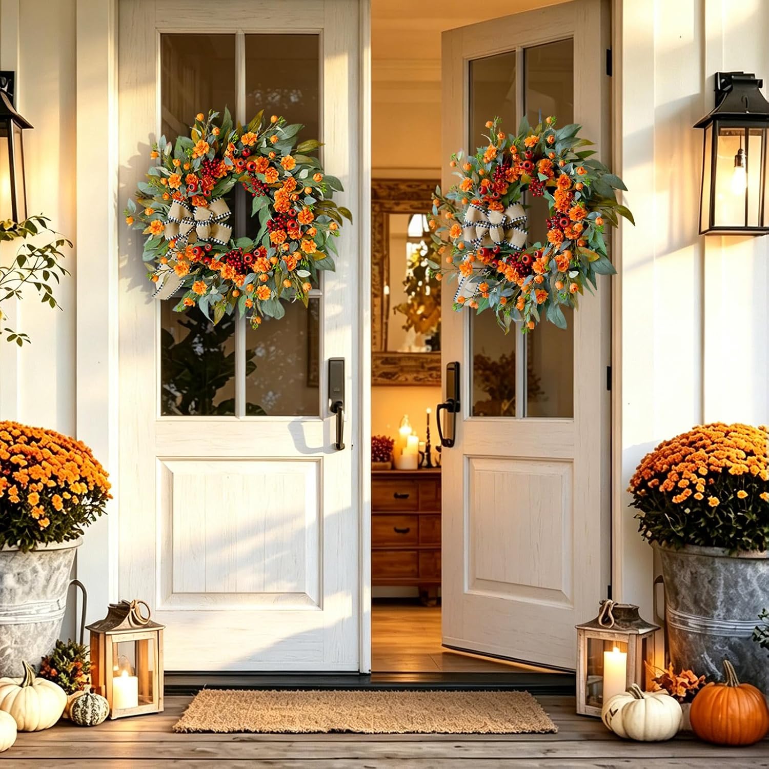 24" Artificial Fall Wreath: Bow, Berries & Camellia. Door/Mantel Decor. - Image 3