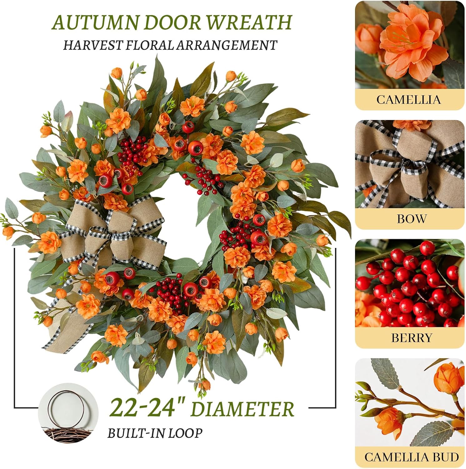 24" Artificial Fall Wreath: Bow, Berries & Camellia. Door/Mantel Decor. - Image 4