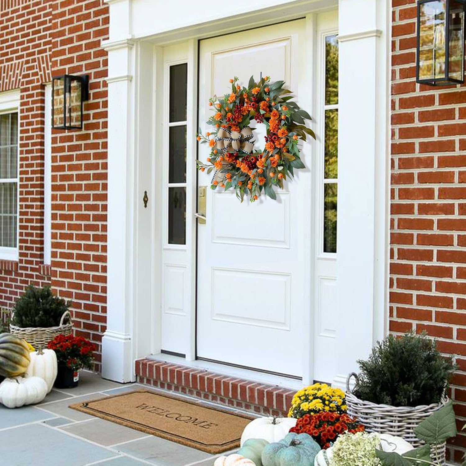 24" Artificial Fall Wreath: Bow, Berries & Camellia. Door/Mantel Decor. - Image 5