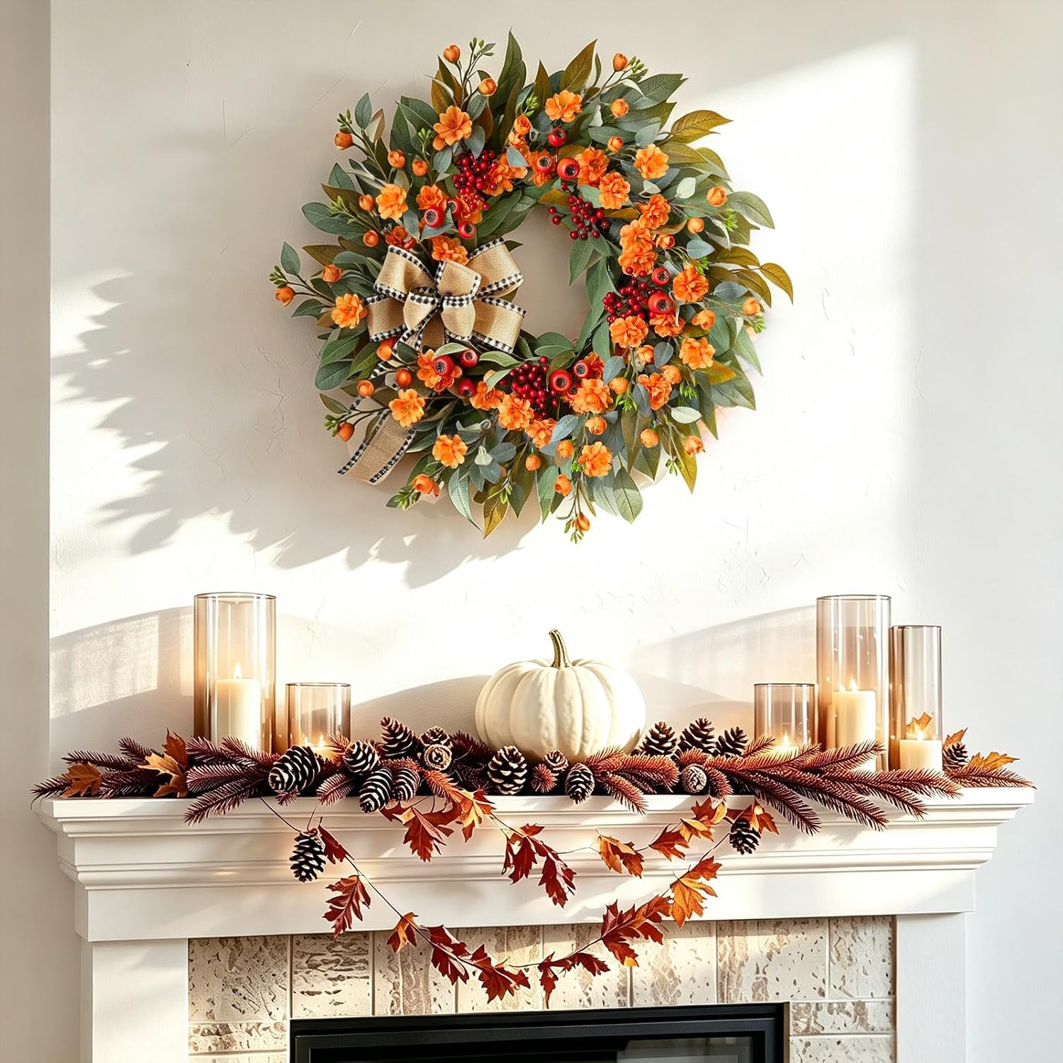 24" Artificial Fall Wreath: Bow, Berries & Camellia. Door/Mantel Decor. - Image 6