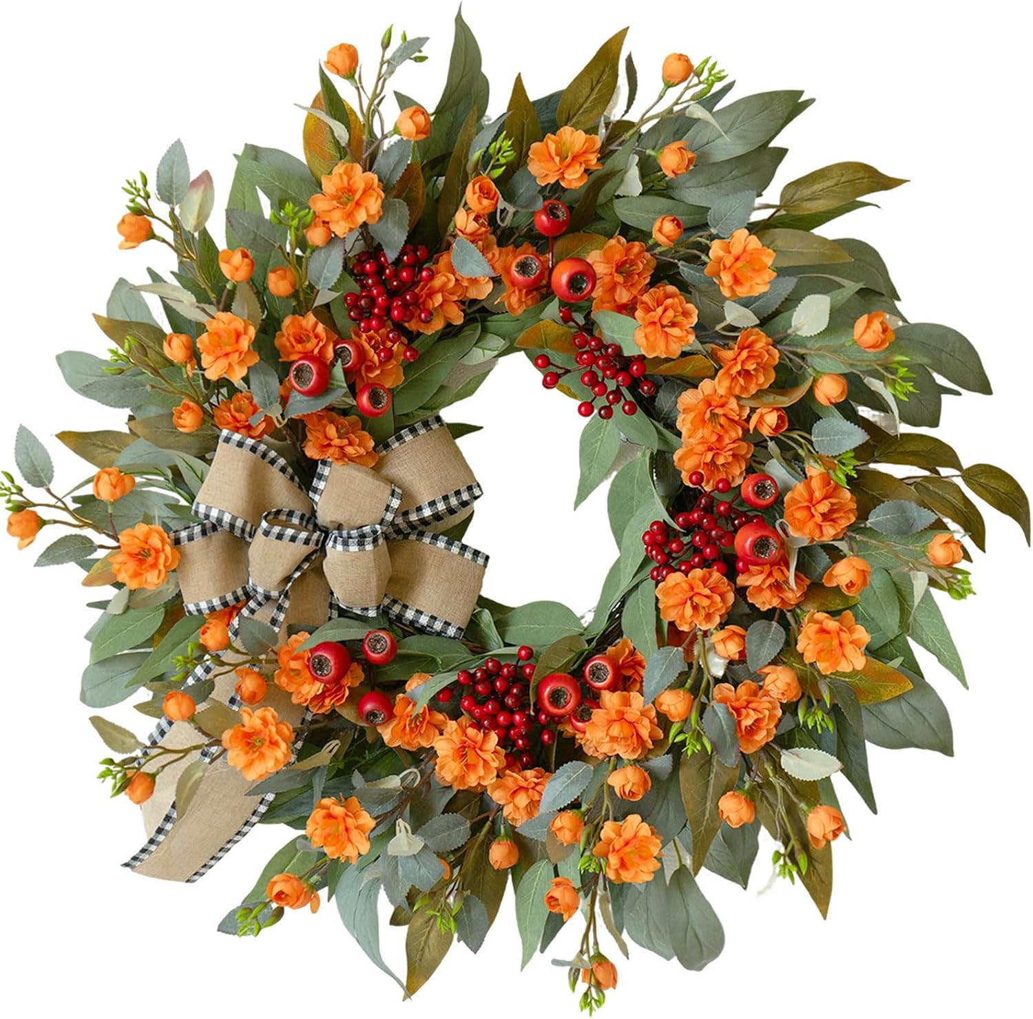 24" Artificial Fall Wreath: Bow, Berries & Camellia. Door/Mantel Decor. - Image 7