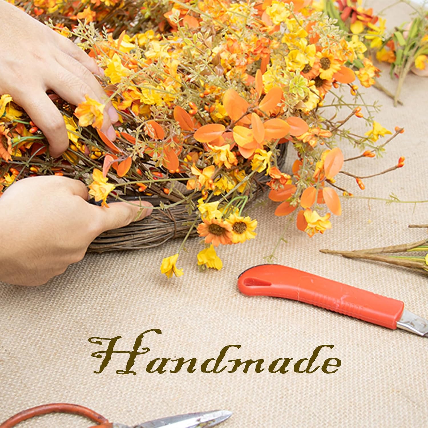 22" Boho Farmhouse Fall Wreath | Orange Yellow Wildflowers for Front Door Decor - Image 3