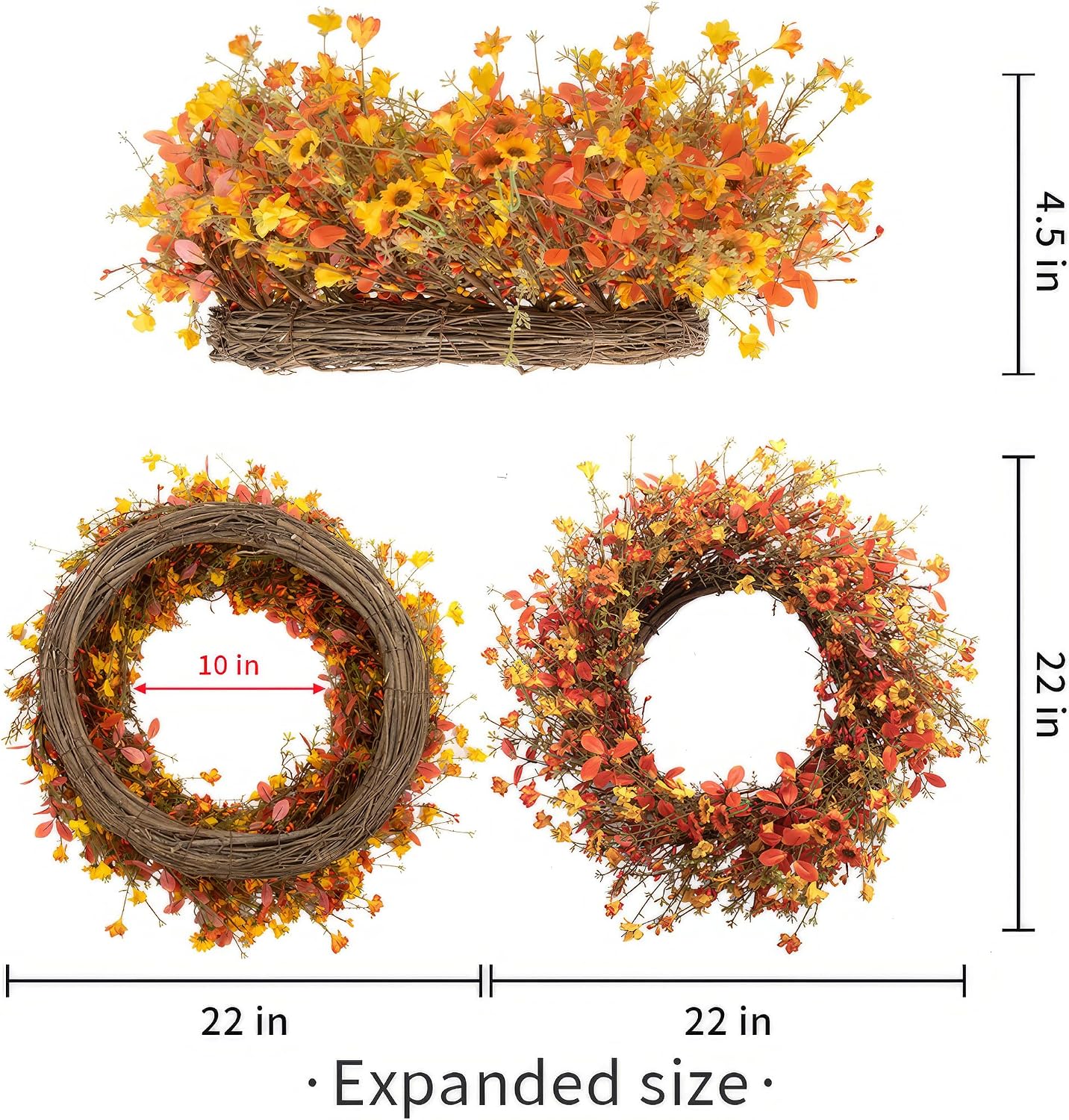 22" Boho Farmhouse Fall Wreath | Orange Yellow Wildflowers for Front Door Decor - Image 4