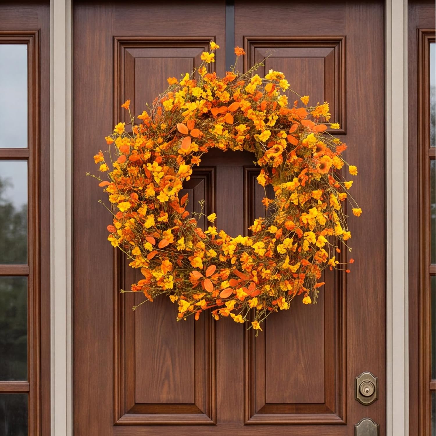 22" Boho Farmhouse Fall Wreath | Orange Yellow Wildflowers for Front Door Decor - Image 5