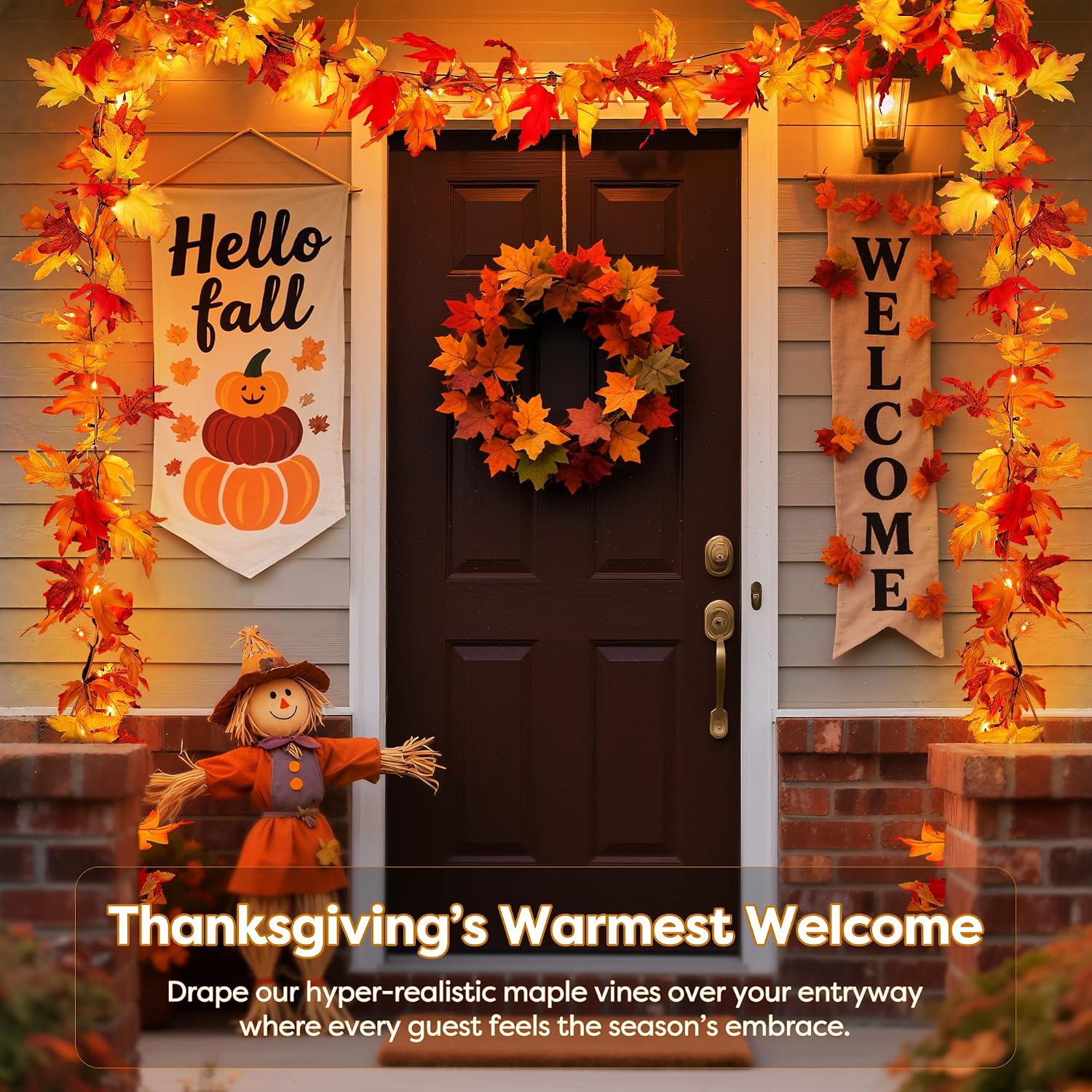 Battery-Op 9FT Fall Garland: Pre-lit Orange LEDs, Pumpkins, Maple Leaves Decor - Image 3