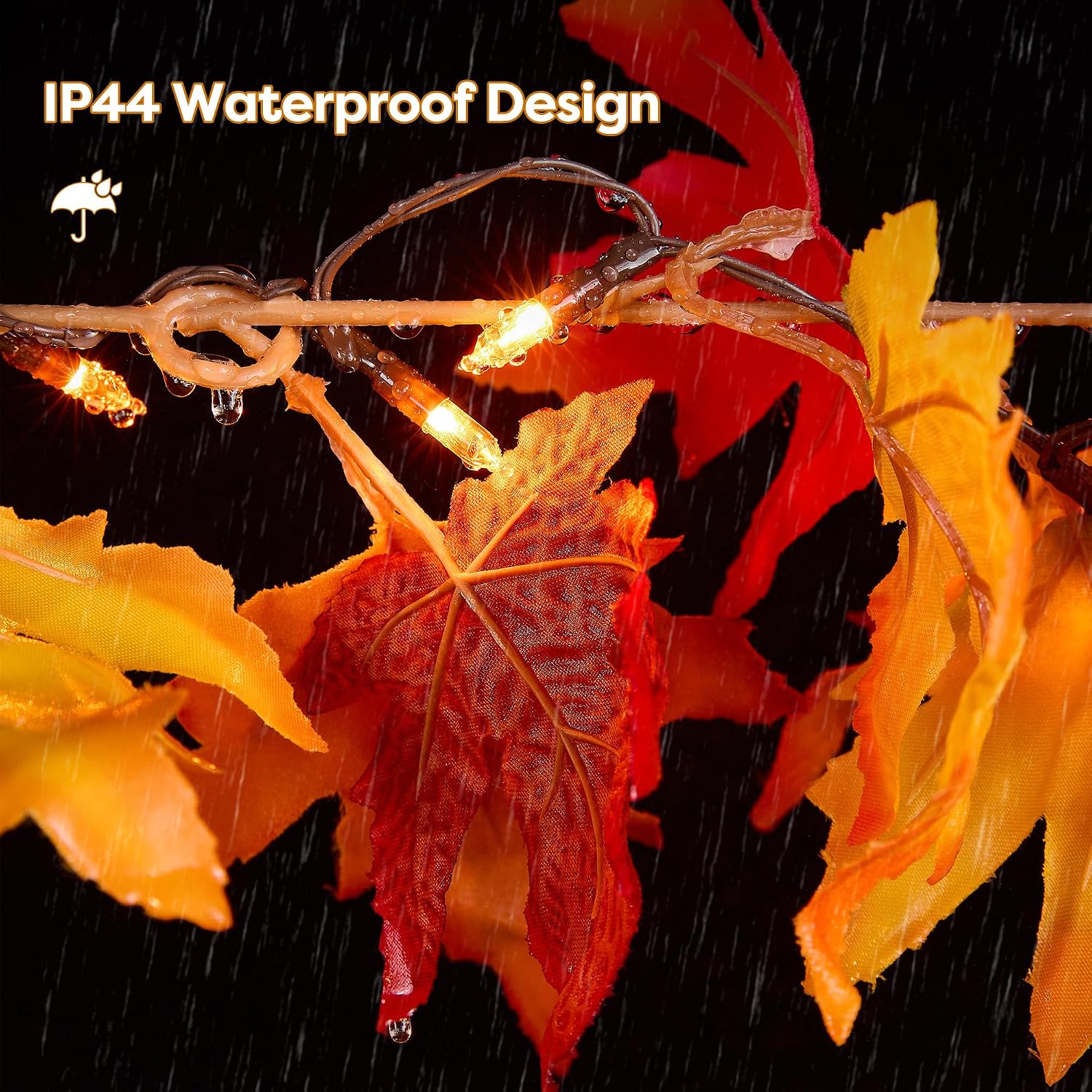 Battery-Op 9FT Fall Garland: Pre-lit Orange LEDs, Pumpkins, Maple Leaves Decor - Image 4
