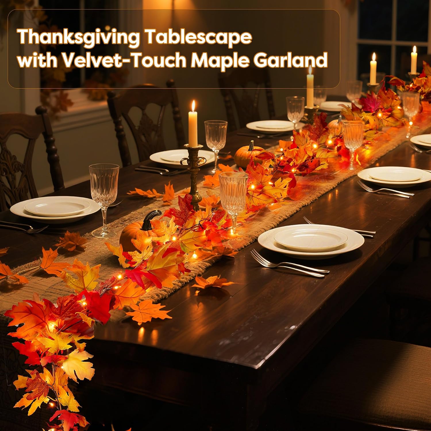 Battery-Op 9FT Fall Garland: Pre-lit Orange LEDs, Pumpkins, Maple Leaves Decor - Image 5