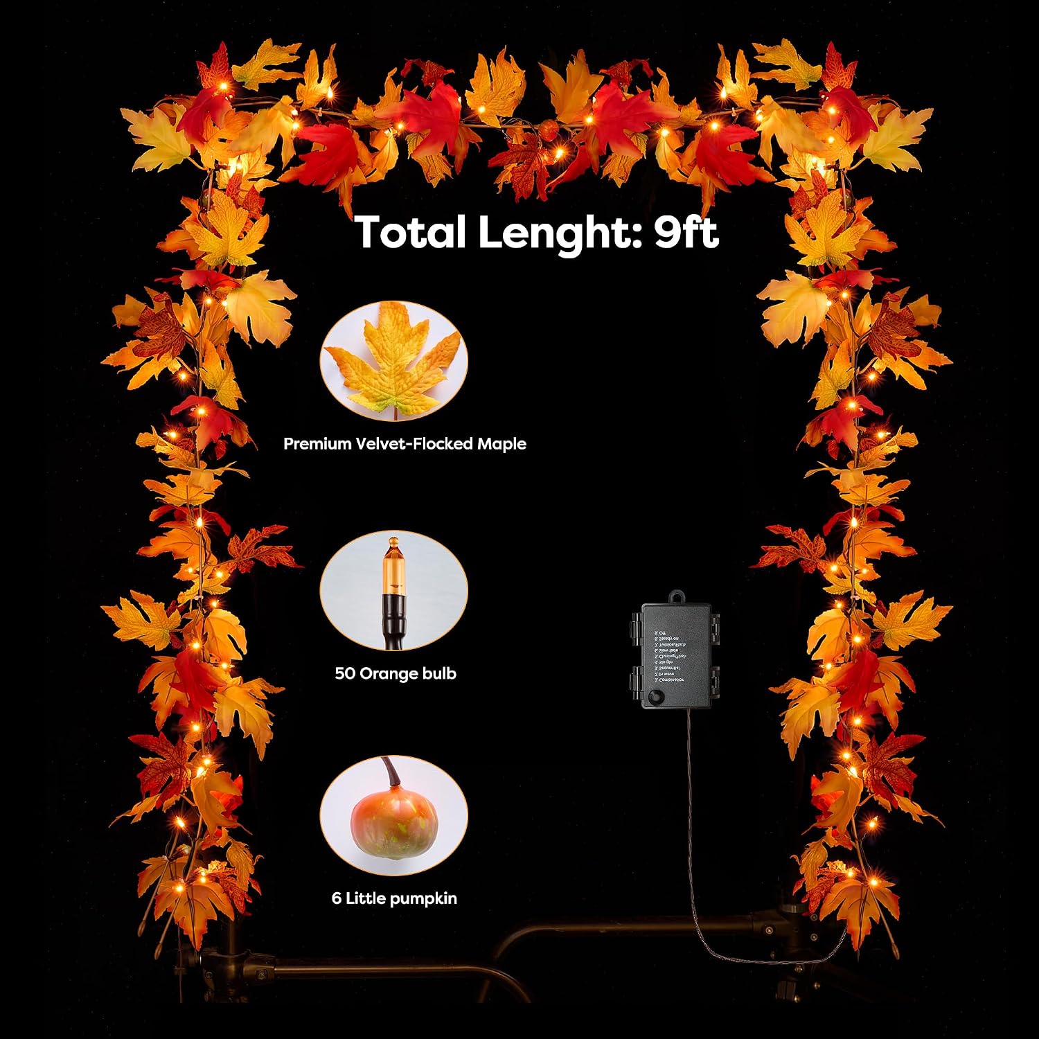 Battery-Op 9FT Fall Garland: Pre-lit Orange LEDs, Pumpkins, Maple Leaves Decor - Image 6
