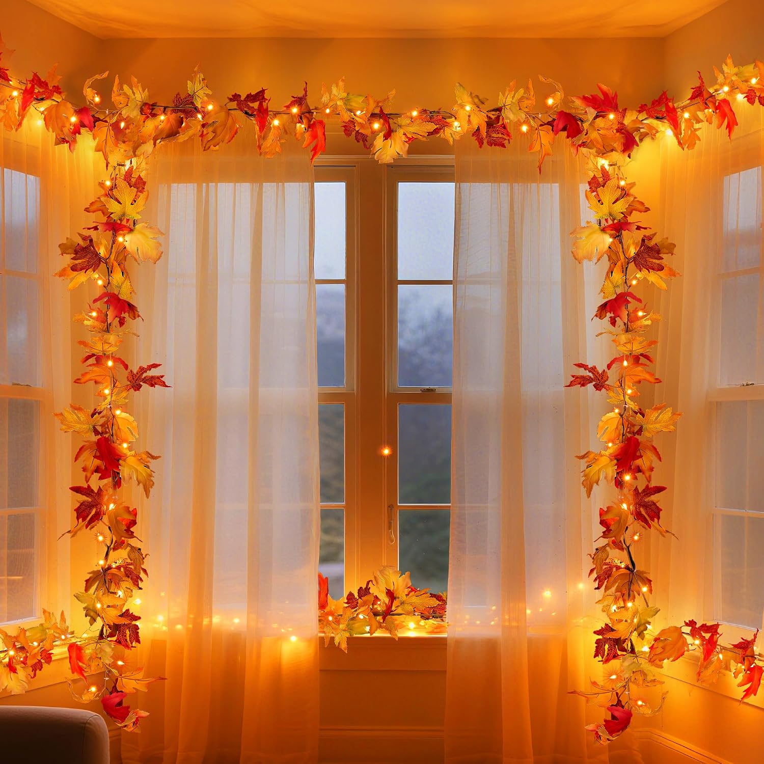 Battery-Op 9FT Fall Garland: Pre-lit Orange LEDs, Pumpkins, Maple Leaves Decor - Image 7