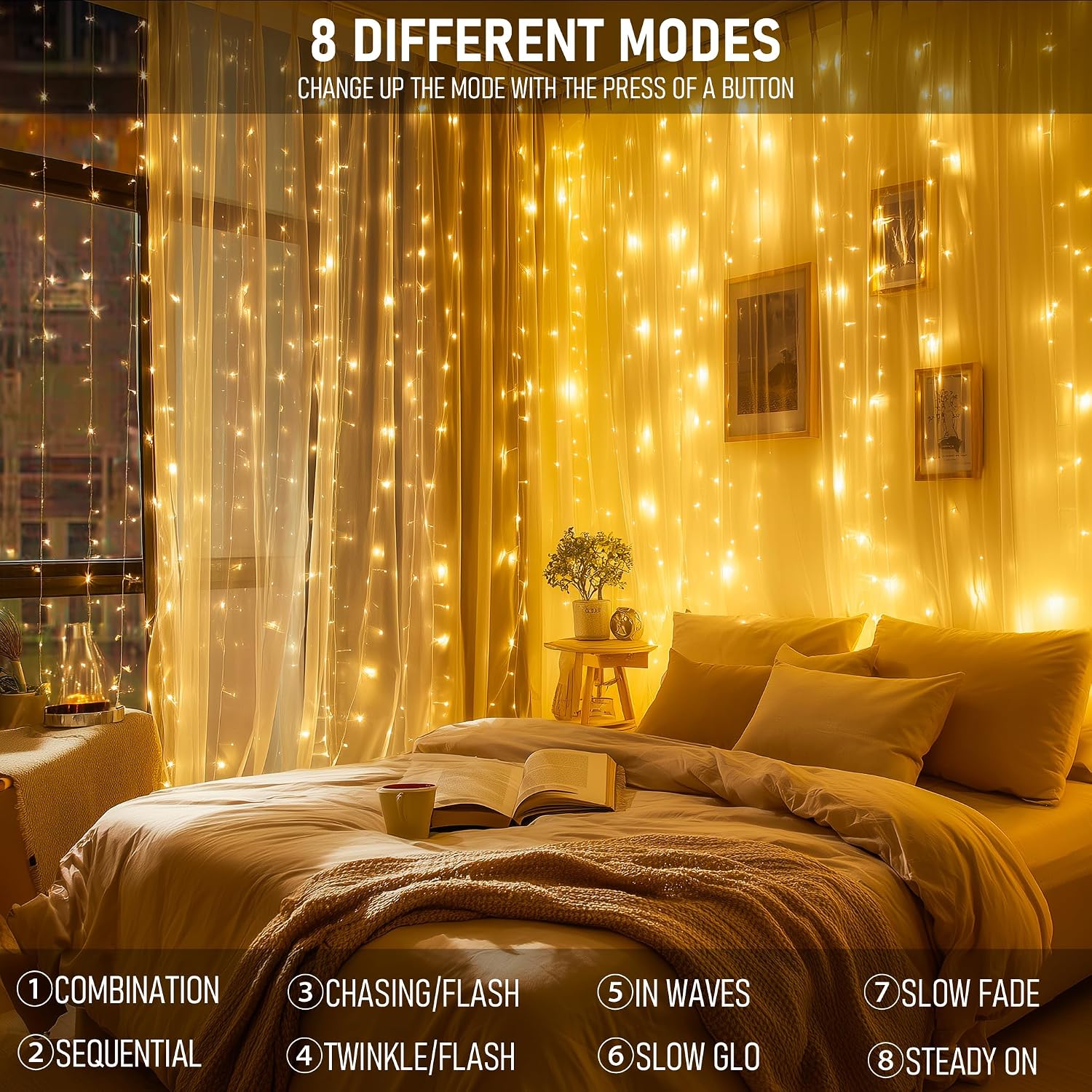 300 LED Warm White Plug-in Fairy Curtain Lights, Versatile Decor - Image 4