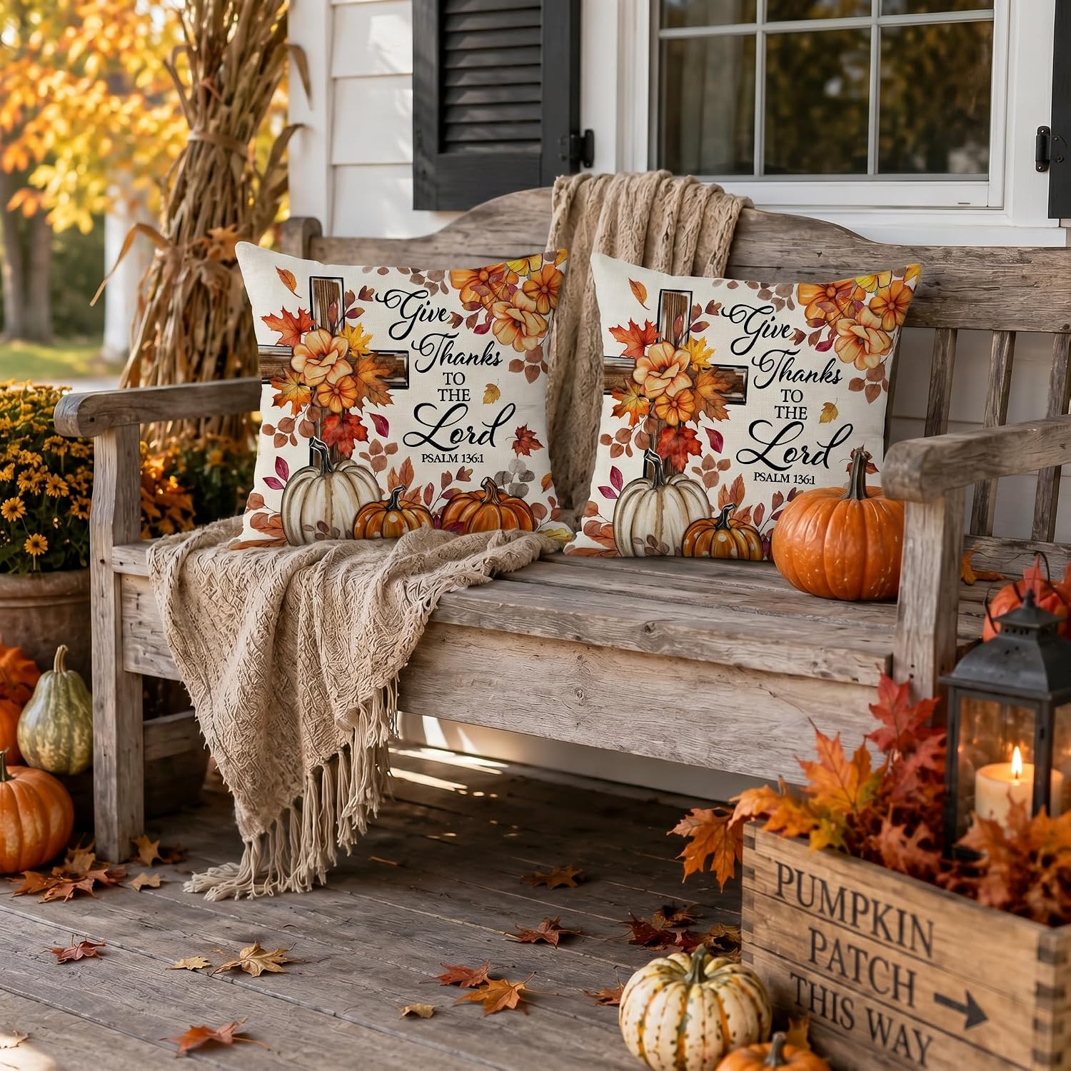 Set of 2 Rustic 18" Fall Pumpkin Floral Decorative Pillow Covers - Image 3