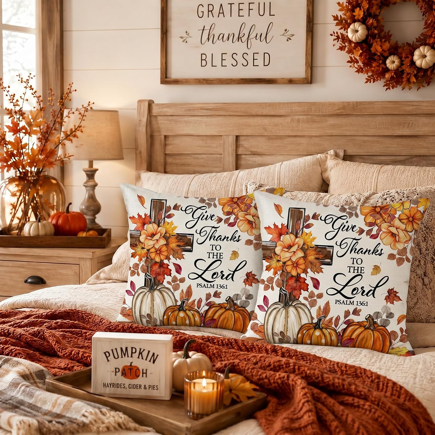 Set of 2 Rustic 18" Fall Pumpkin Floral Decorative Pillow Covers - Image 4