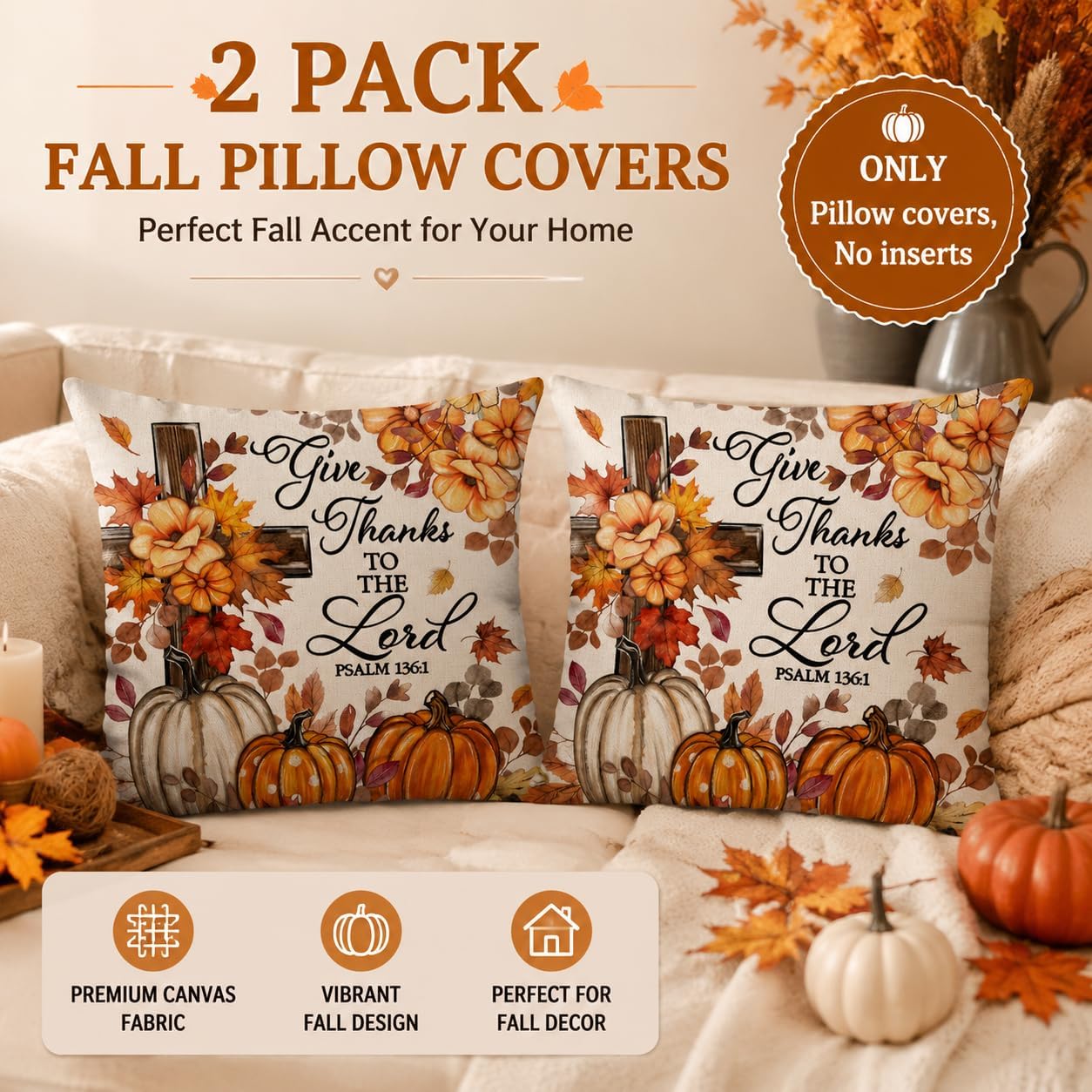 Set of 2 Rustic 18" Fall Pumpkin Floral Decorative Pillow Covers - Image 5