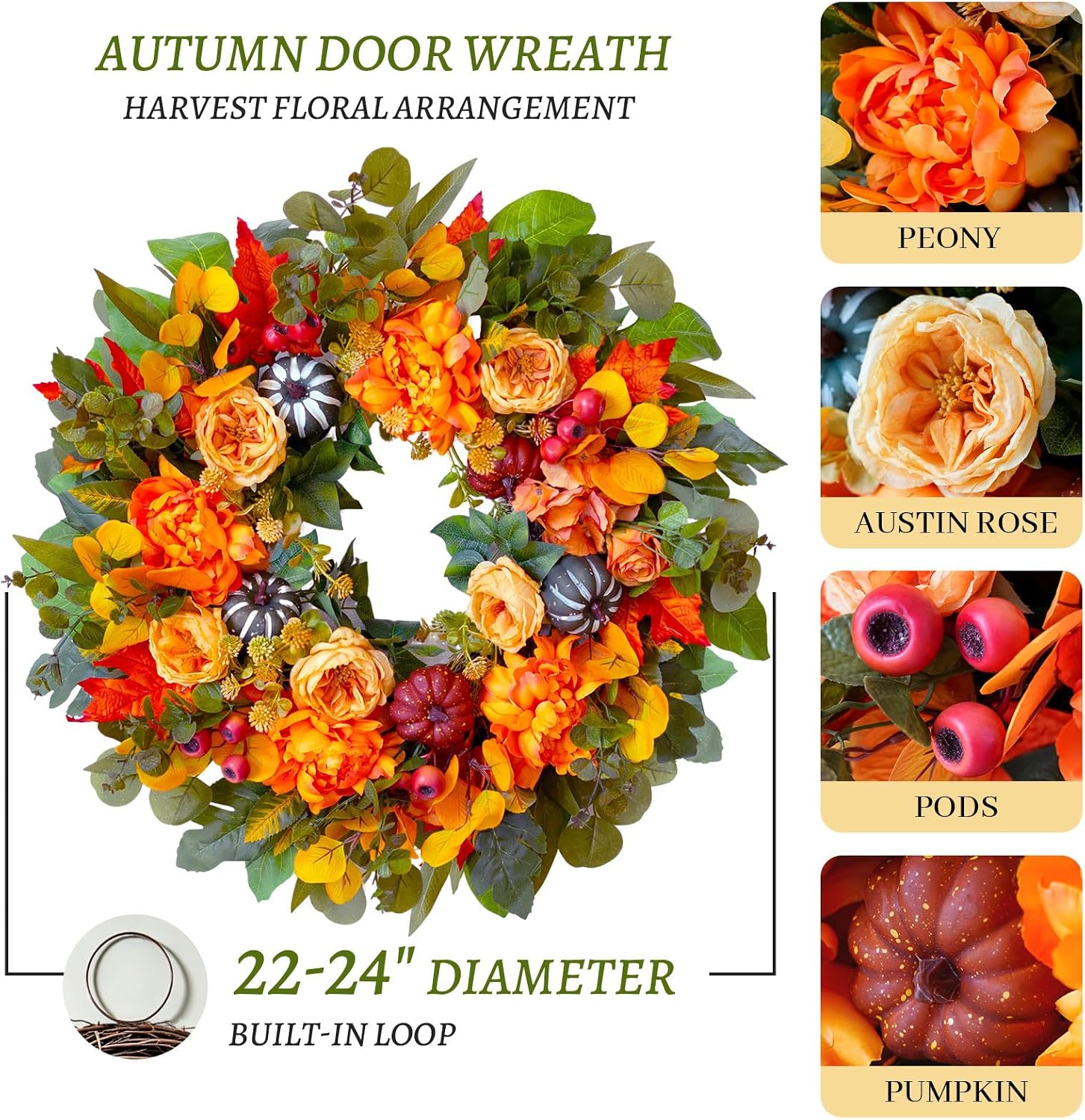 24" Artificial Fall Harvest Wreath: Peony, Pumpkin, Dahlia. Rustic Door Decor. - Image 3