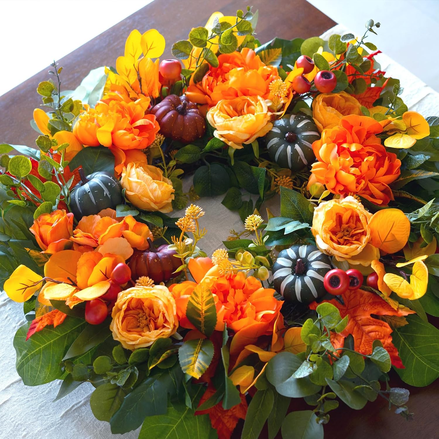 24" Artificial Fall Harvest Wreath: Peony, Pumpkin, Dahlia. Rustic Door Decor. - Image 4