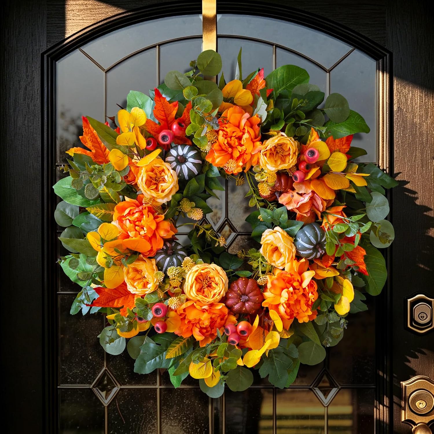 24" Artificial Fall Harvest Wreath: Peony, Pumpkin, Dahlia. Rustic Door Decor. - Image 5