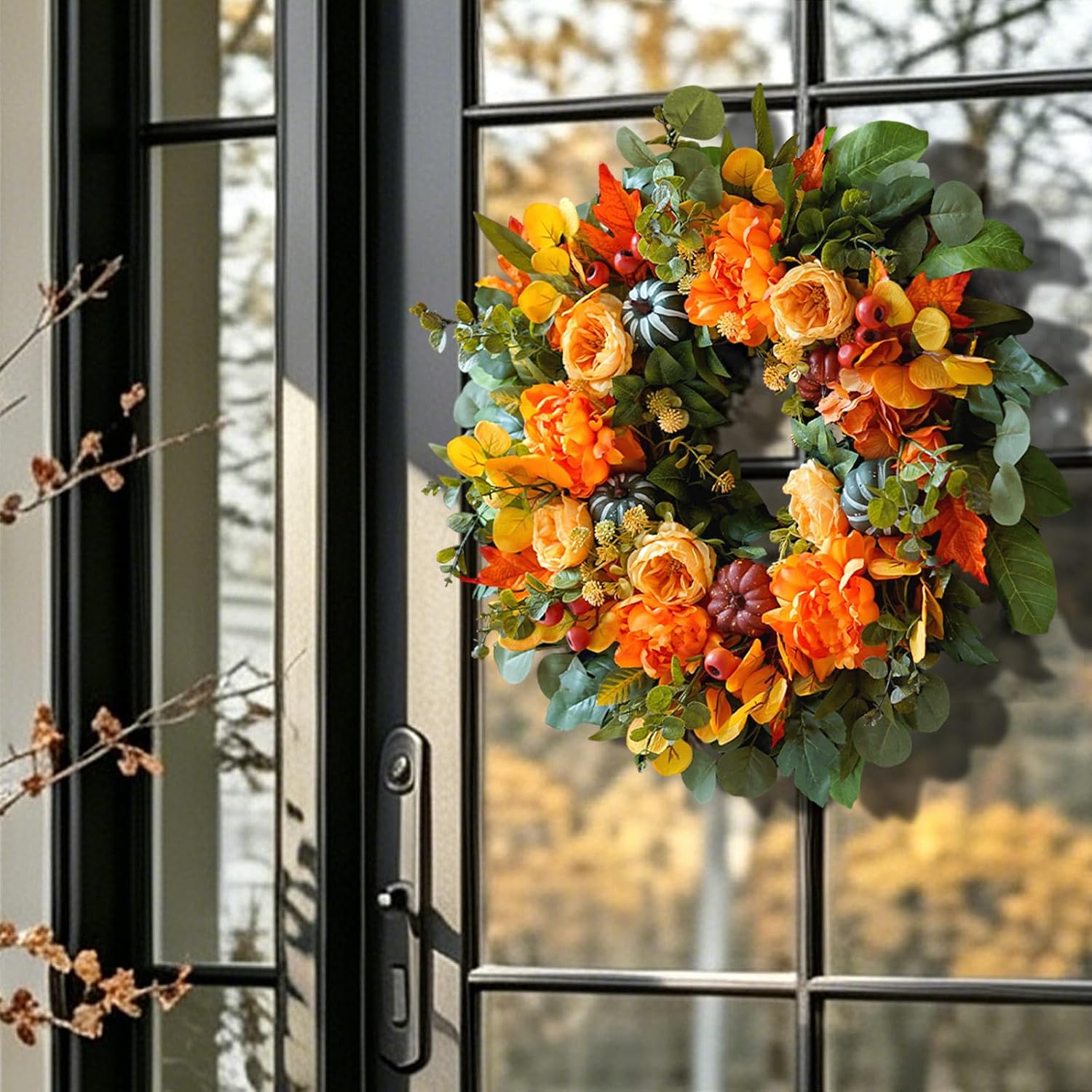 24" Artificial Fall Harvest Wreath: Peony, Pumpkin, Dahlia. Rustic Door Decor. - Image 6