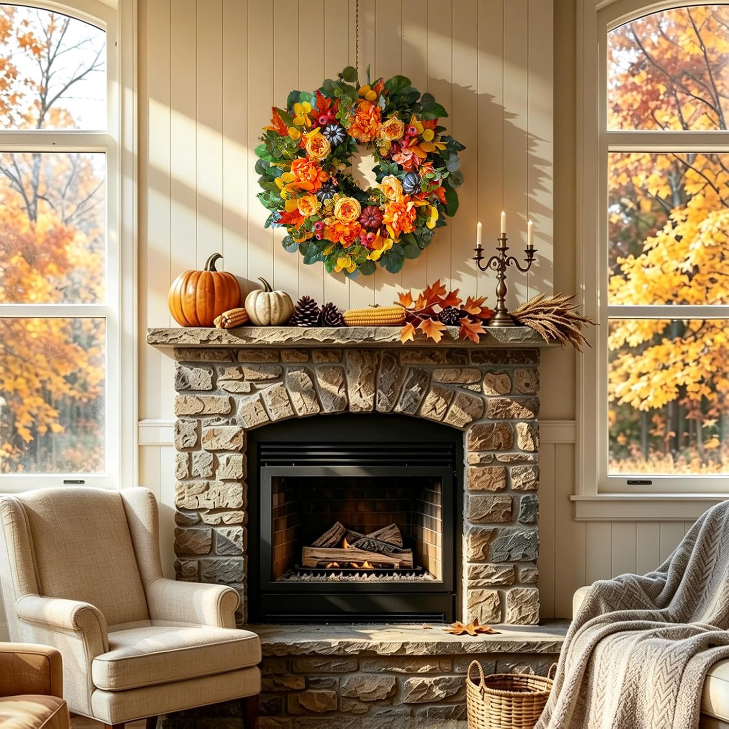 24" Artificial Fall Harvest Wreath: Peony, Pumpkin, Dahlia. Rustic Door Decor. - Image 7