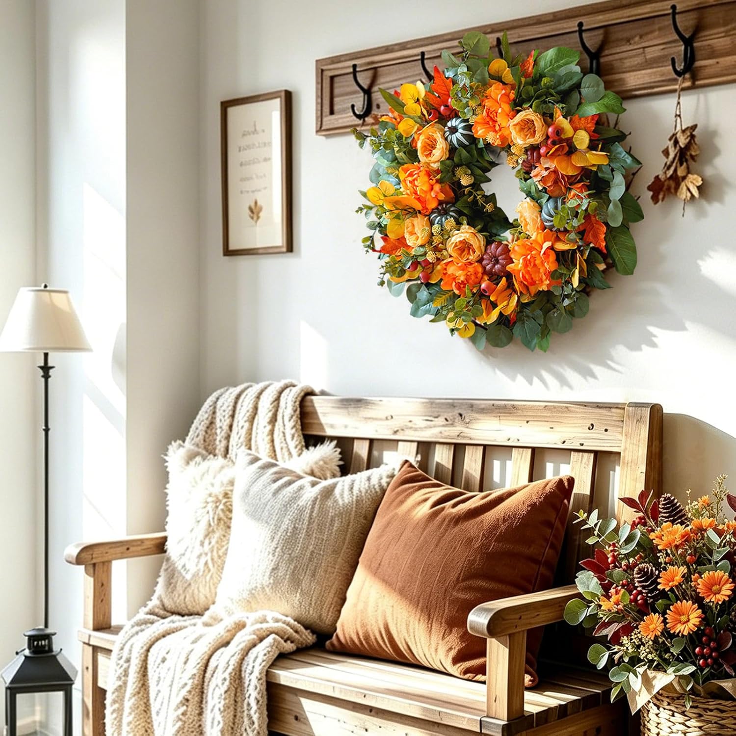 24" Artificial Fall Harvest Wreath: Peony, Pumpkin, Dahlia. Rustic Door Decor. - Image 8