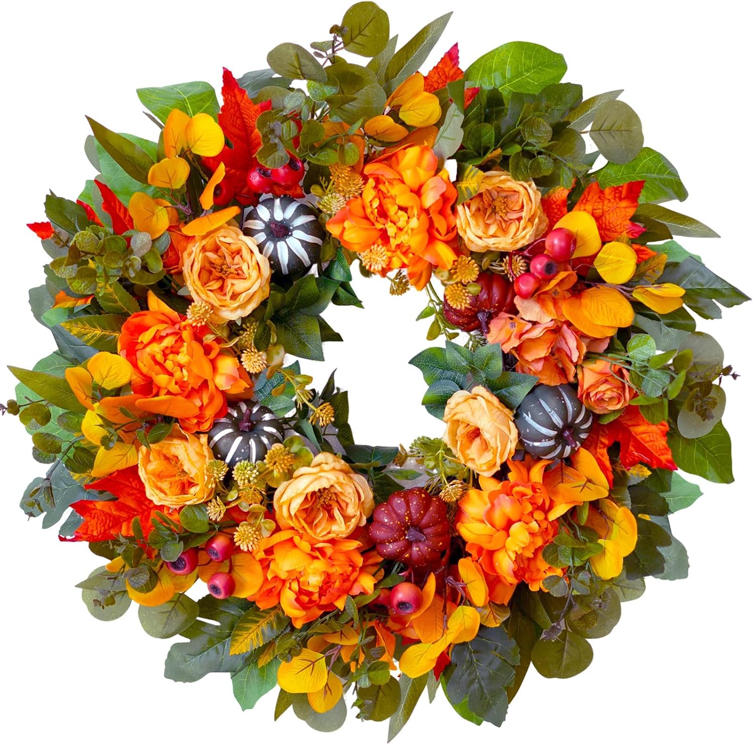 24" Artificial Fall Harvest Wreath: Peony, Pumpkin, Dahlia. Rustic Door Decor. - Image 9
