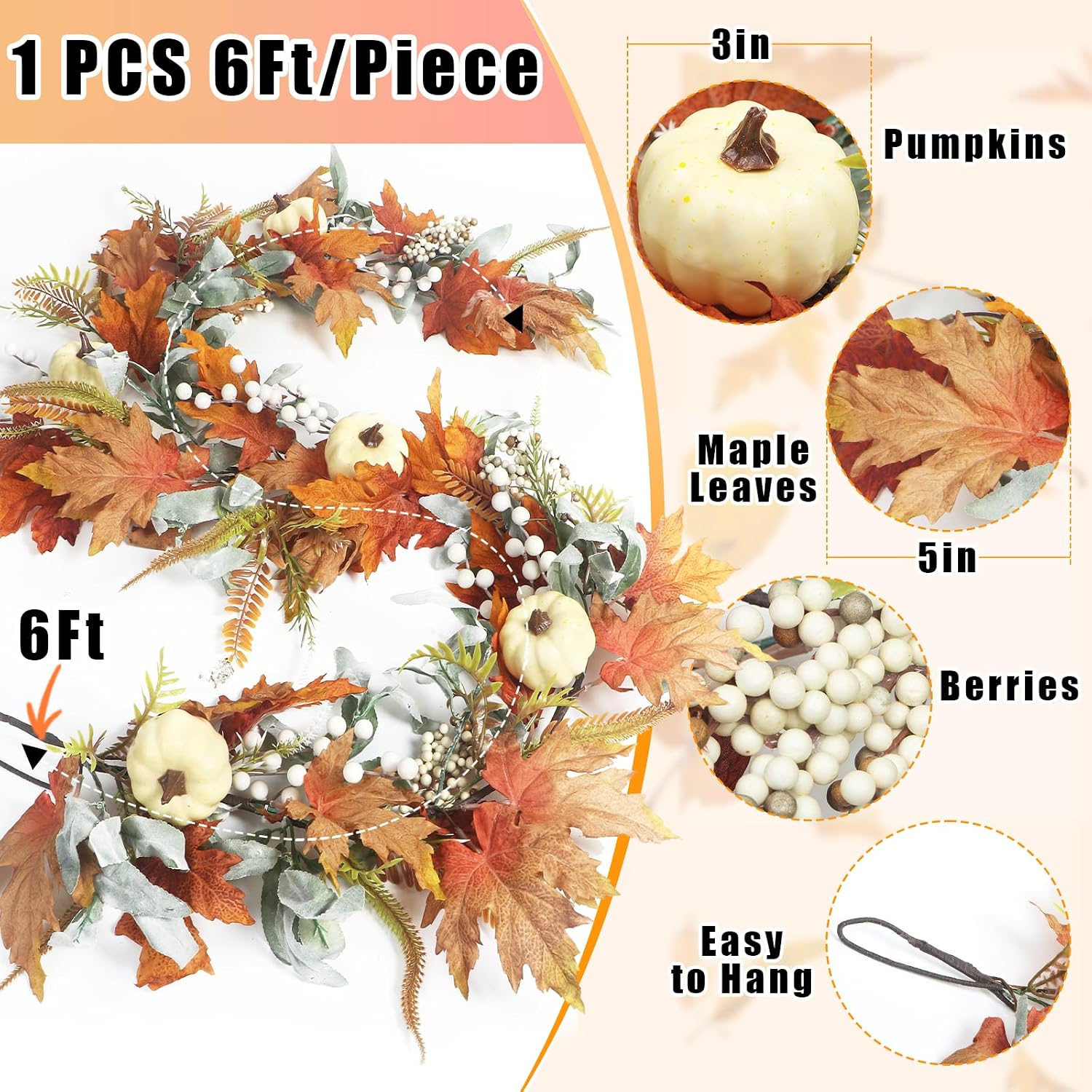 Autumn Farmhouse Mantle Garland: 6FT Pumpkins, Berries & Leaves Decor - Image 4