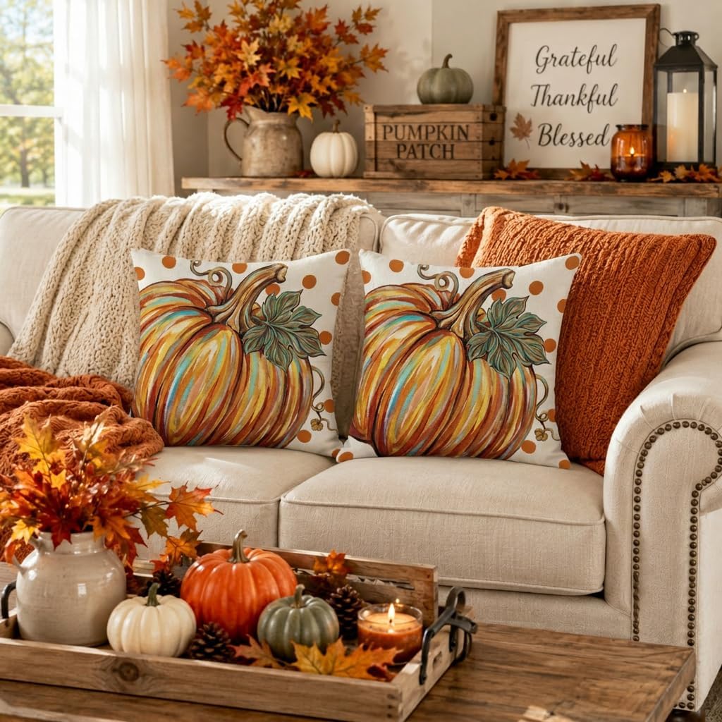 2-Pack 18" Fall Farmhouse Pumpkin Polka Dot Cushion Covers - Image 2