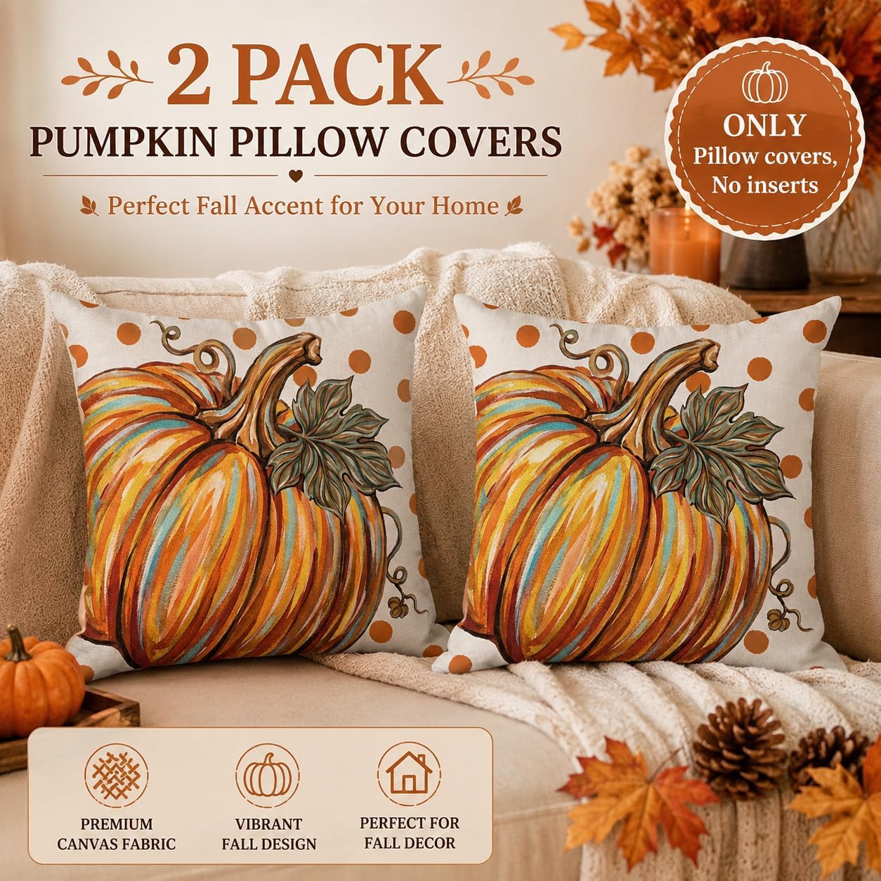 2-Pack 18" Fall Farmhouse Pumpkin Polka Dot Cushion Covers - Image 5
