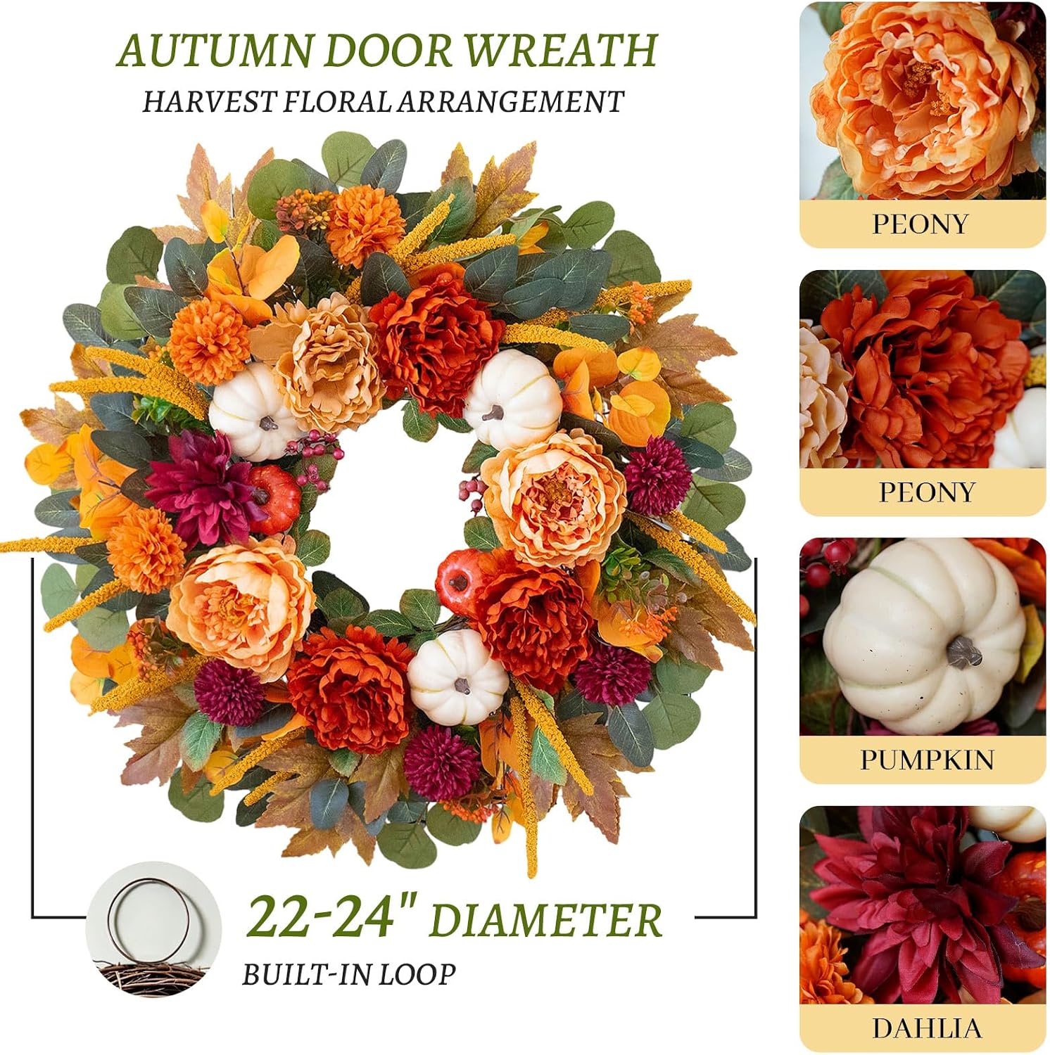 24" Artificial Fall Wreath: Orange Peony, Burgundy Dahlia, White Pumpkin. Rustic Door Decor. - Image 3